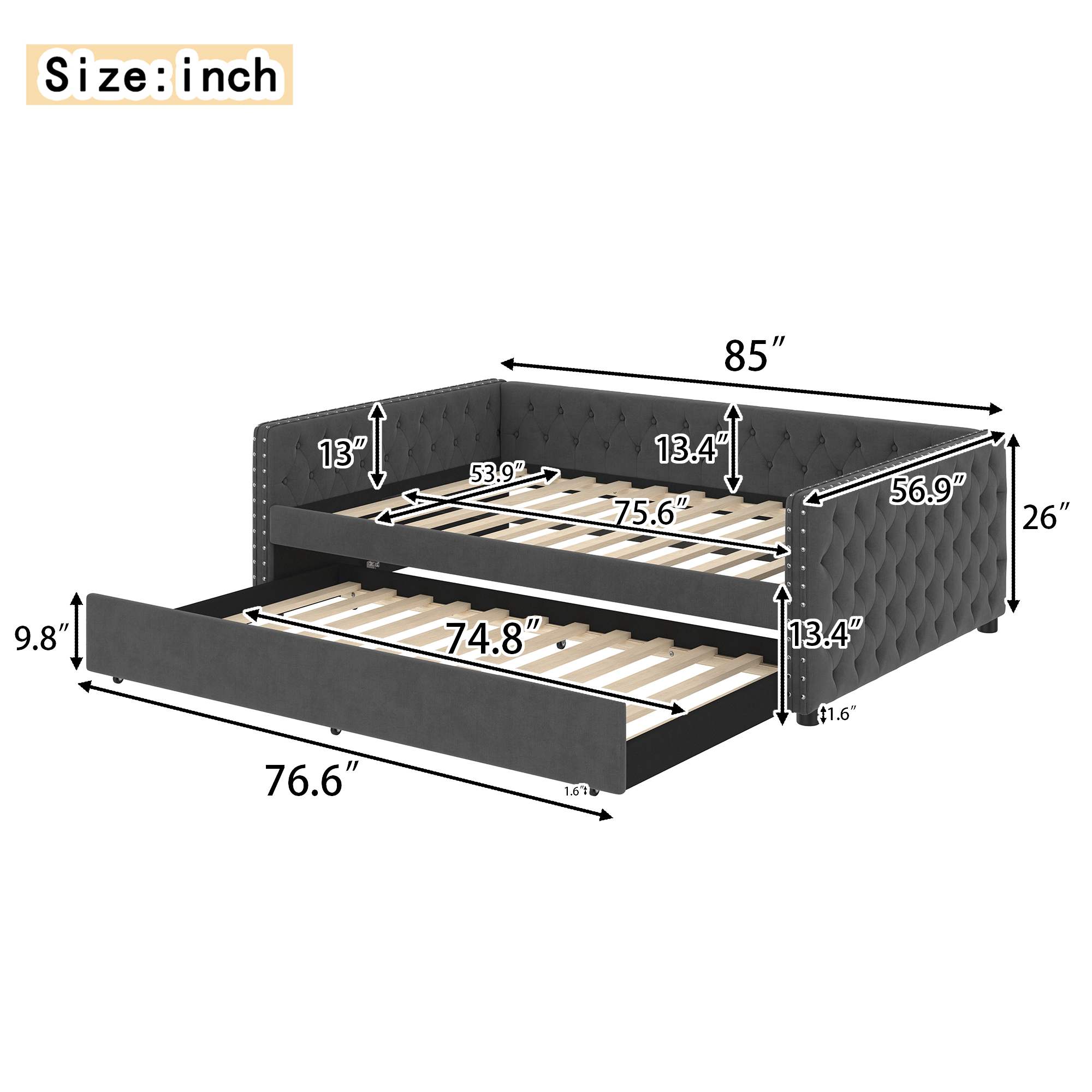Full Size Daybed, Upholstered Tufted Sofa Bed with Trundle, Daybed with Button & Copper Nail on Square Arms, Full Daybed with Twin Trundle, Gray - Image 3