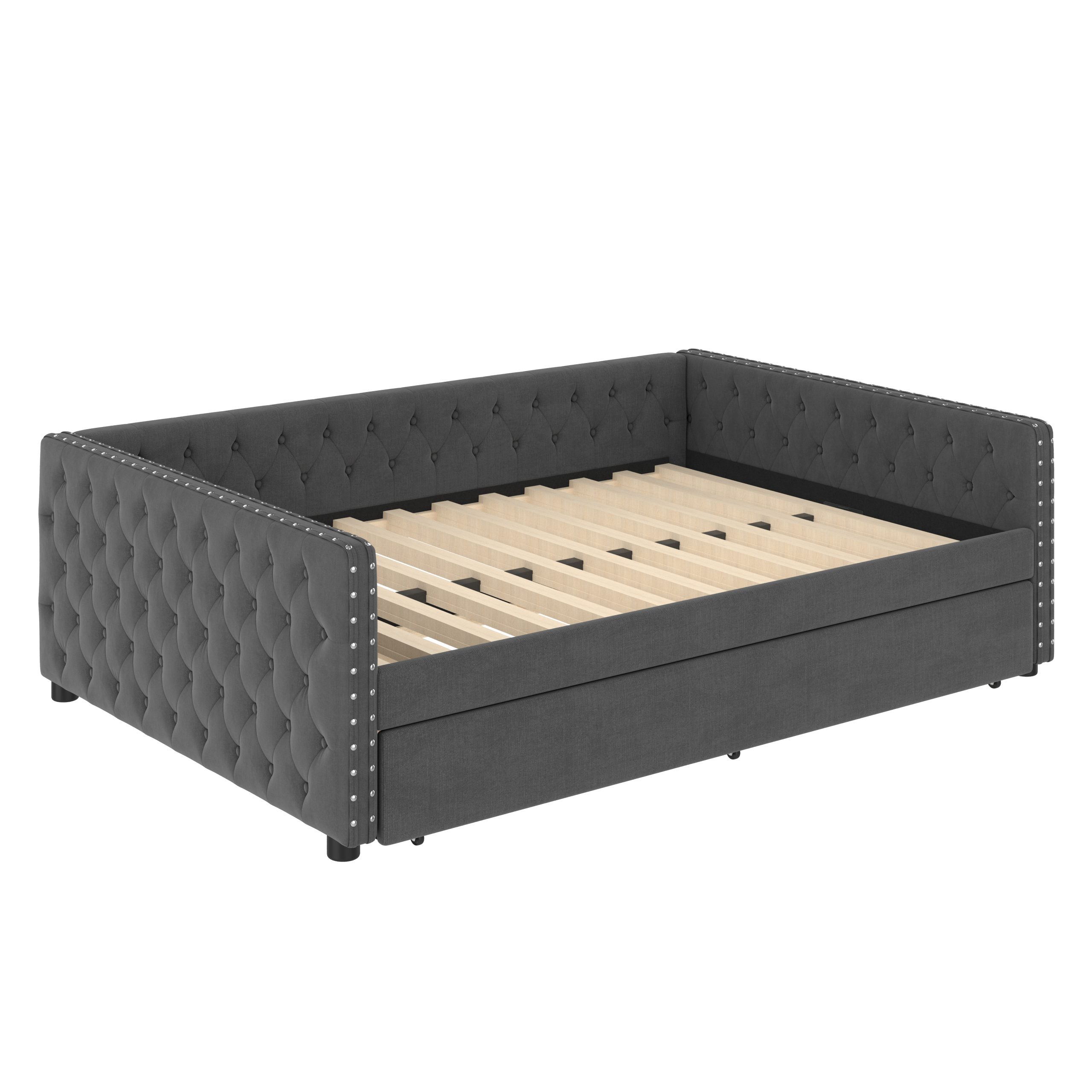 Full Size Daybed, Upholstered Tufted Sofa Bed with Trundle, Daybed with Button & Copper Nail on Square Arms, Full Daybed with Twin Trundle, Gray - Image 4