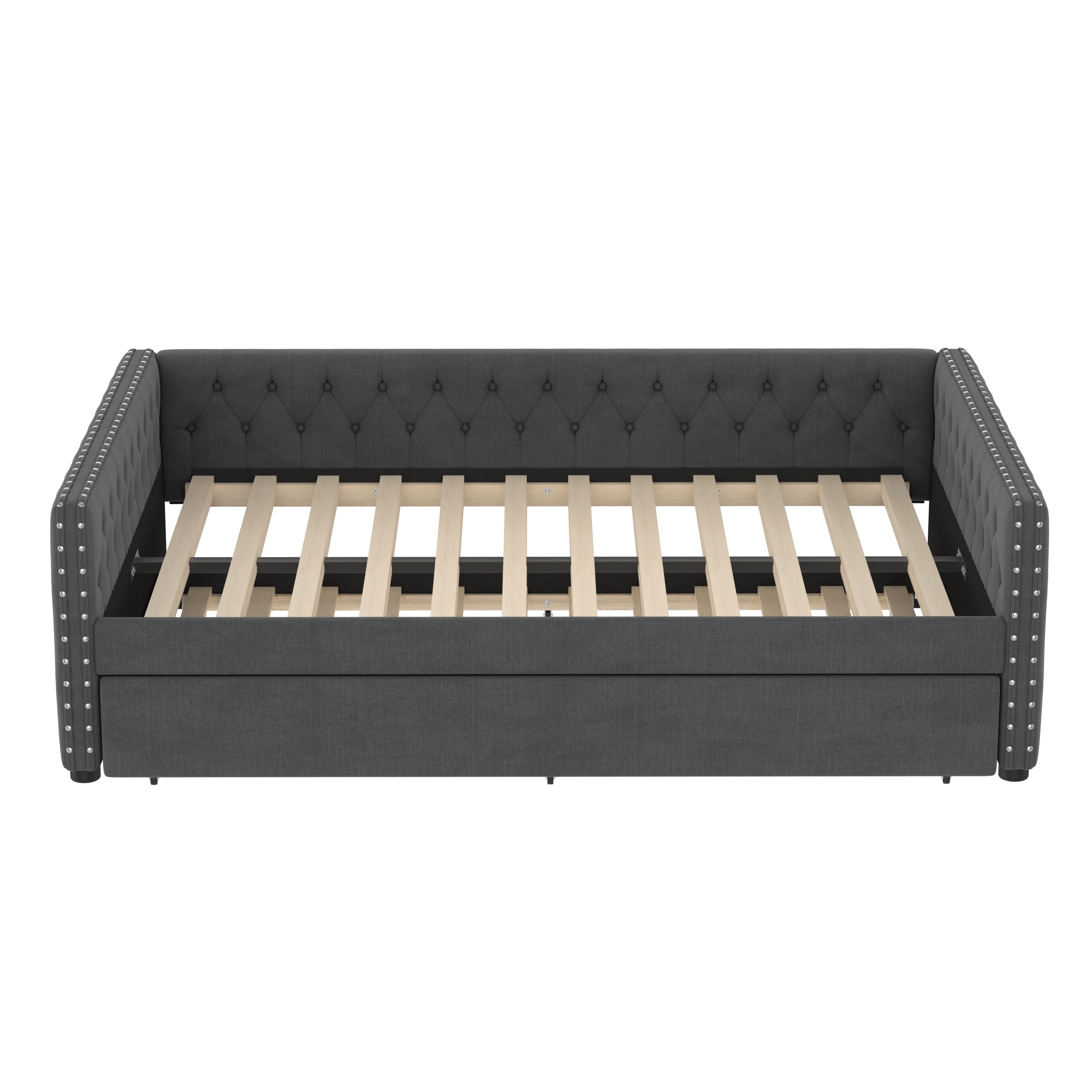 Full Size Daybed, Upholstered Tufted Sofa Bed with Trundle, Daybed with Button & Copper Nail on Square Arms, Full Daybed with Twin Trundle, Gray - Image 5