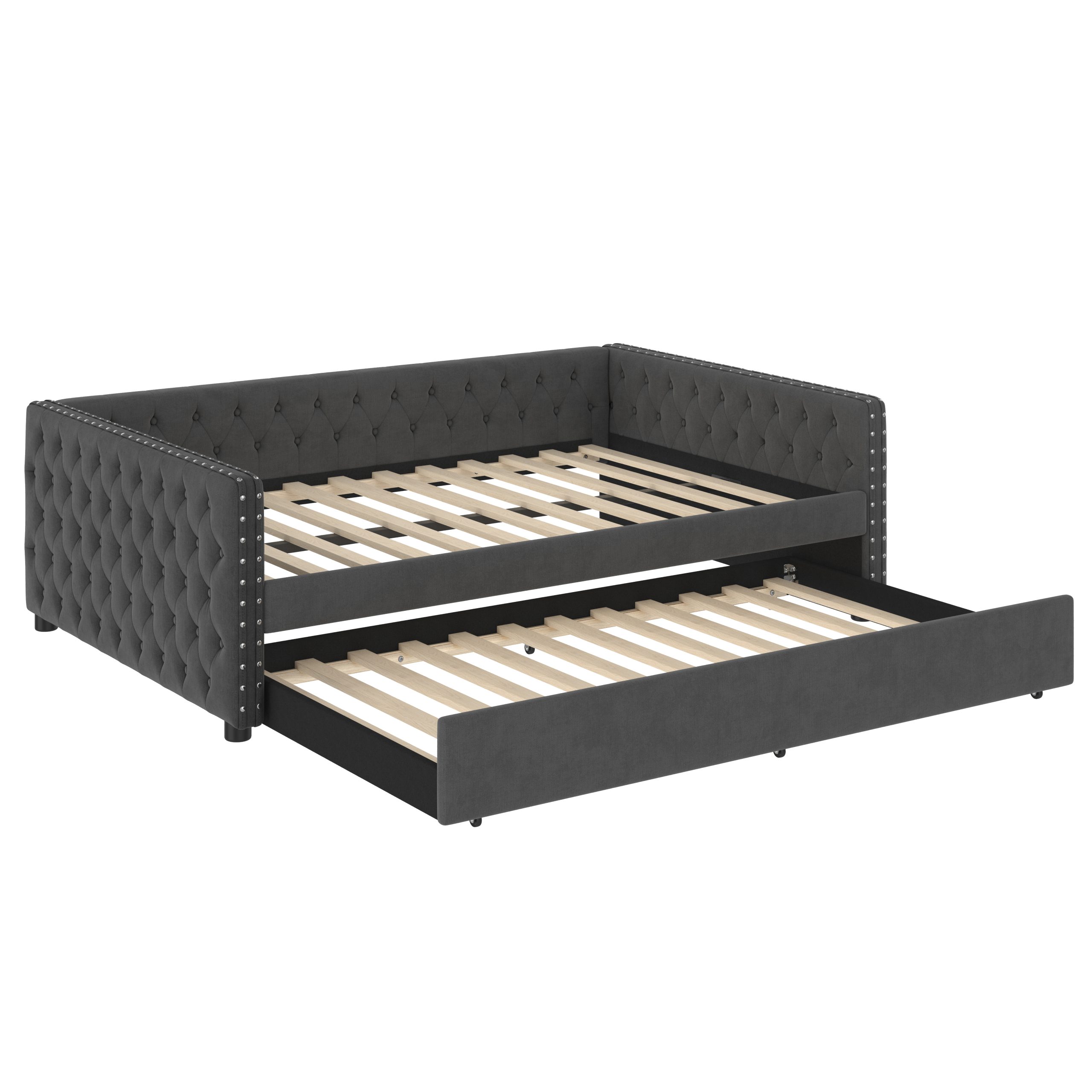 Full Size Daybed, Upholstered Tufted Sofa Bed with Trundle, Daybed with Button & Copper Nail on Square Arms, Full Daybed with Twin Trundle, Gray - Image 6