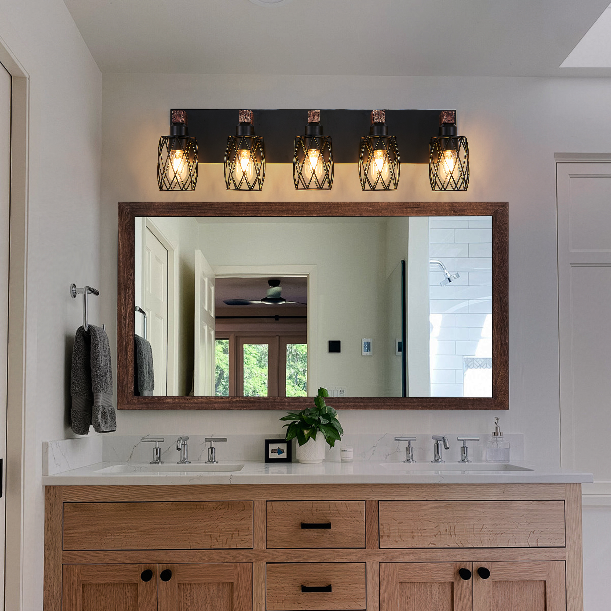 31" Industrial Vintage 5-Light Wall Sconce - Black Cage Wall Lighting Fixture with Wooden Accents for Bathroom, Hallway, or Living Room (Bulb Not Included) - Image 2