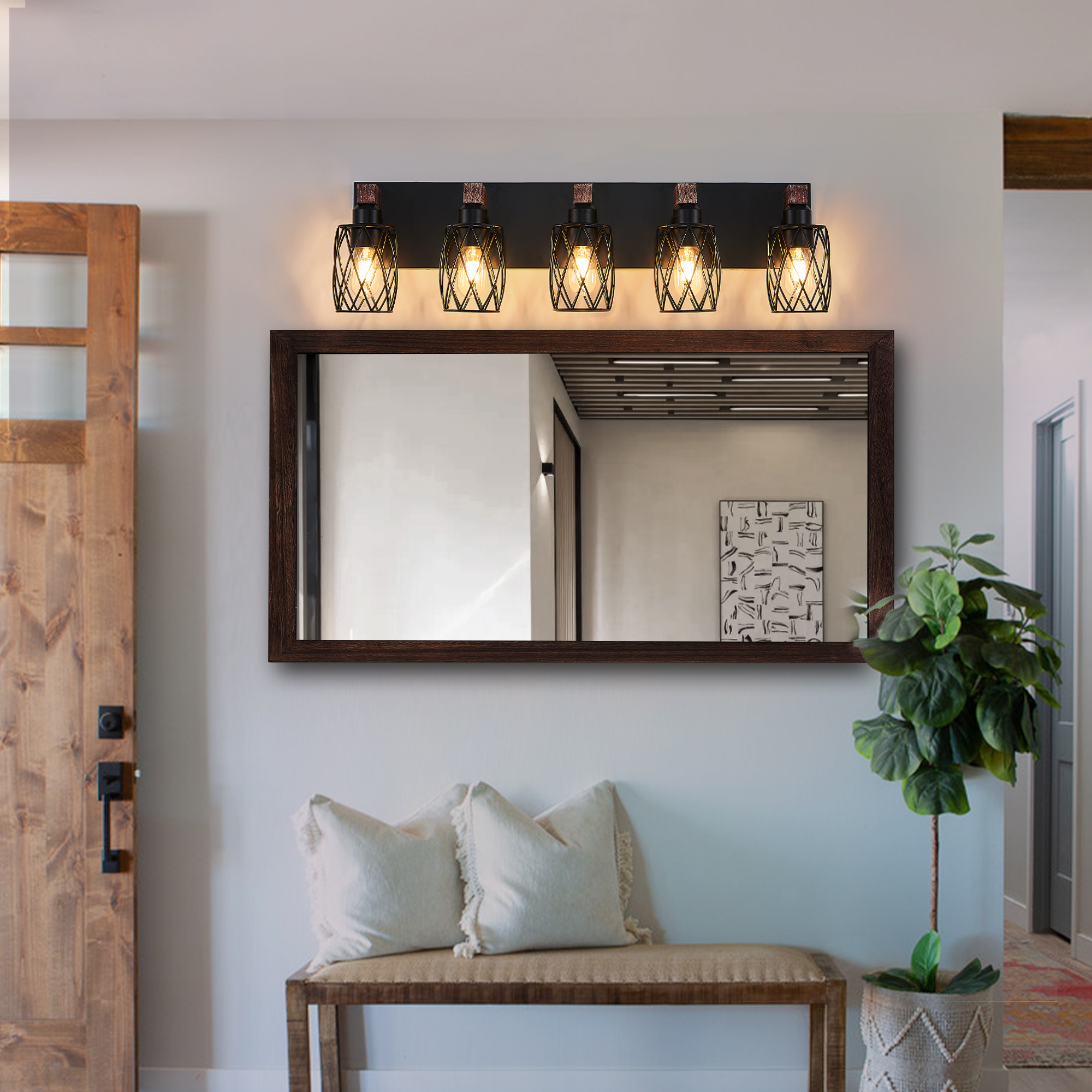 31" Industrial Vintage 5-Light Wall Sconce - Black Cage Wall Lighting Fixture with Wooden Accents for Bathroom, Hallway, or Living Room (Bulb Not Included) - Image 3