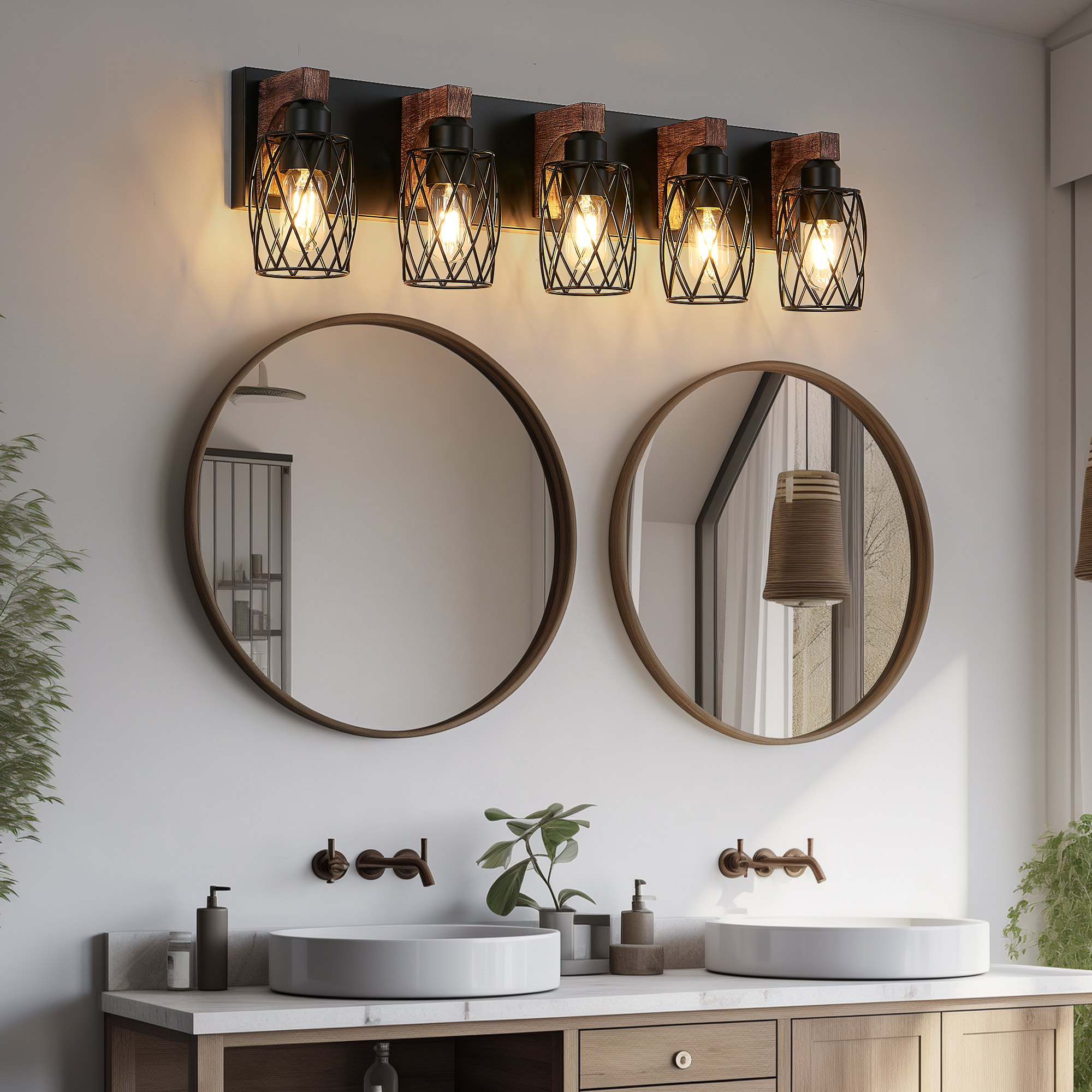 31" Industrial Vintage 5-Light Wall Sconce - Black Cage Wall Lighting Fixture with Wooden Accents for Bathroom, Hallway, or Living Room (Bulb Not Included) - Image 4