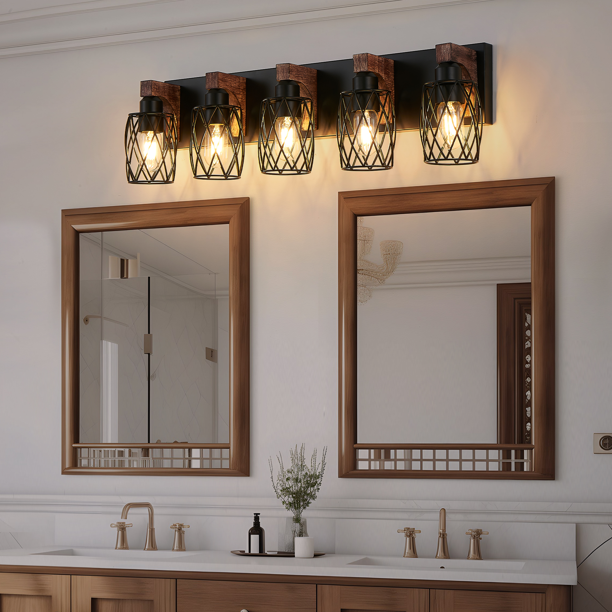 31" Industrial Vintage 5-Light Wall Sconce - Black Cage Wall Lighting Fixture with Wooden Accents for Bathroom, Hallway, or Living Room (Bulb Not Included) - Image 5
