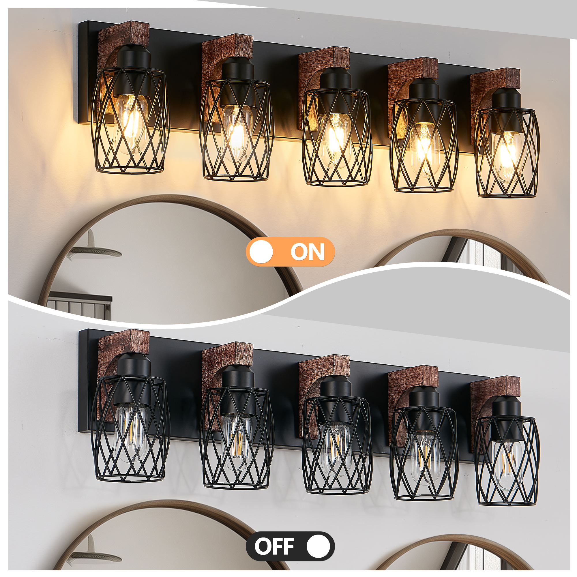 31" Industrial Vintage 5-Light Wall Sconce - Black Cage Wall Lighting Fixture with Wooden Accents for Bathroom, Hallway, or Living Room (Bulb Not Included) - Image 6