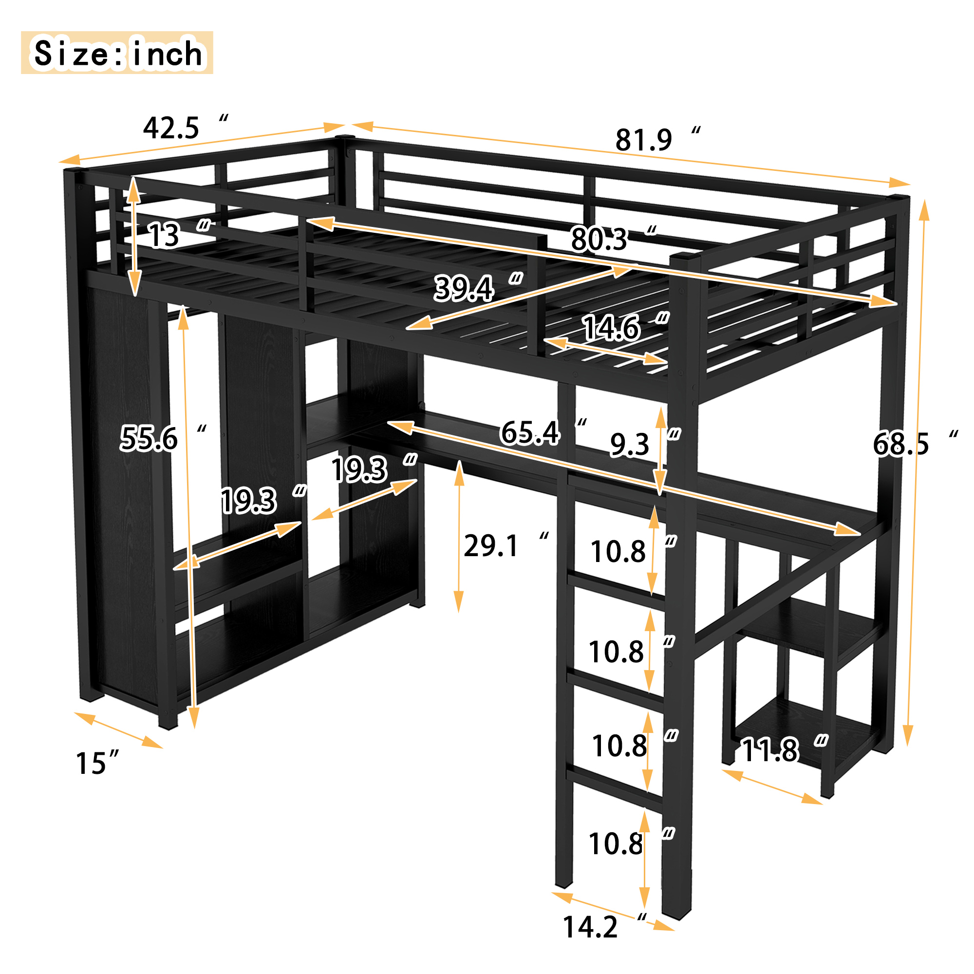 Twin XL Size Loft Bed Frame with Built-in Wardrobe, Metal Loft Bed with Desk and Storage Shelves, Black - Image 3