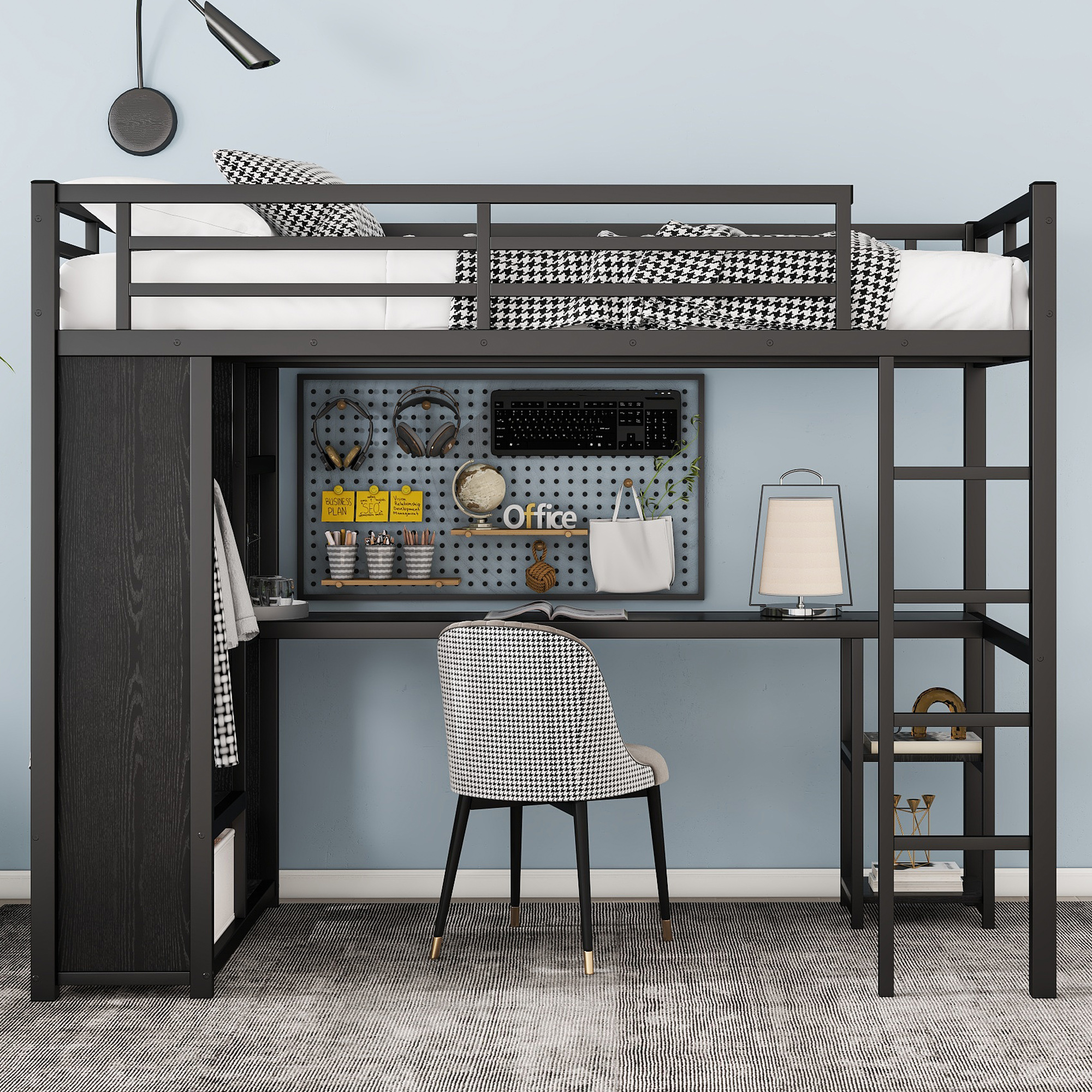 Twin XL Size Loft Bed Frame with Built-in Wardrobe, Metal Loft Bed with Desk and Storage Shelves, Black - Image 2