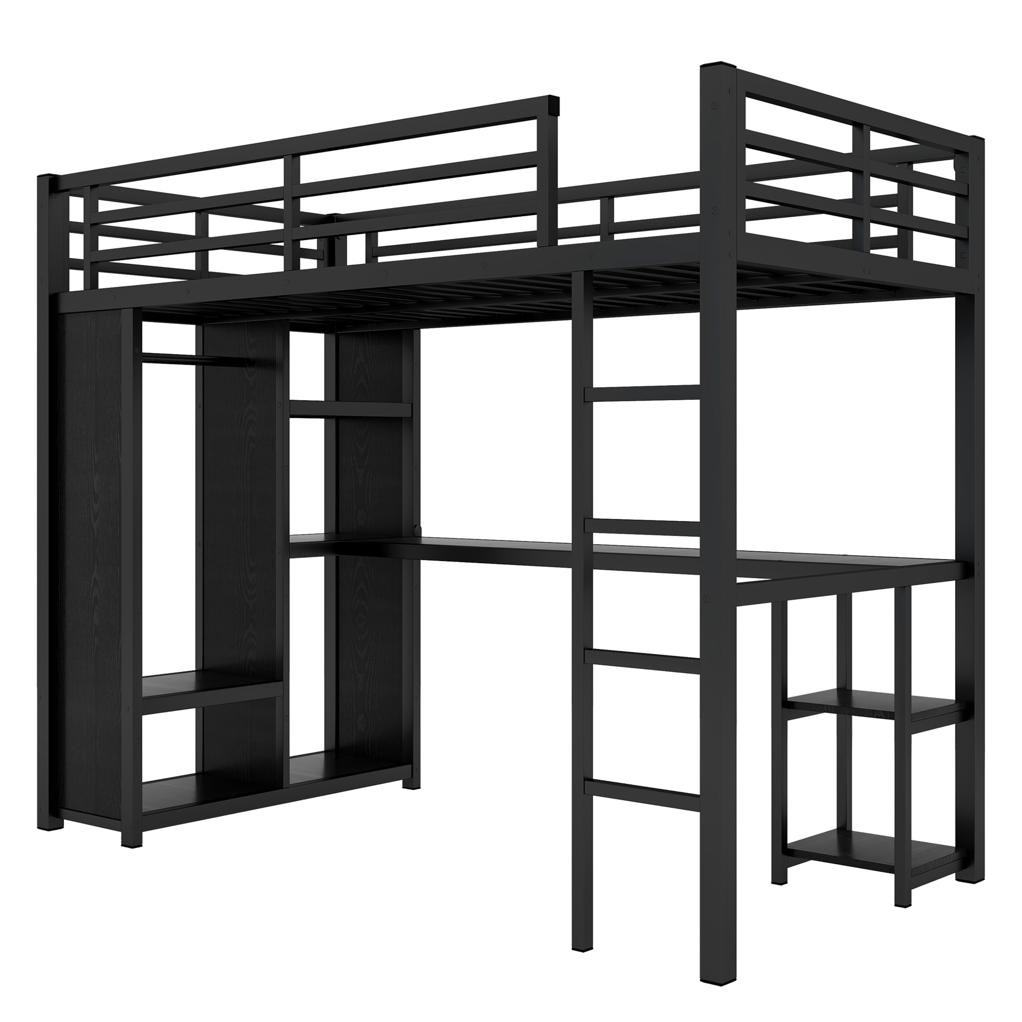 Twin XL Size Loft Bed Frame with Built-in Wardrobe, Metal Loft Bed with Desk and Storage Shelves, Black - Image 5
