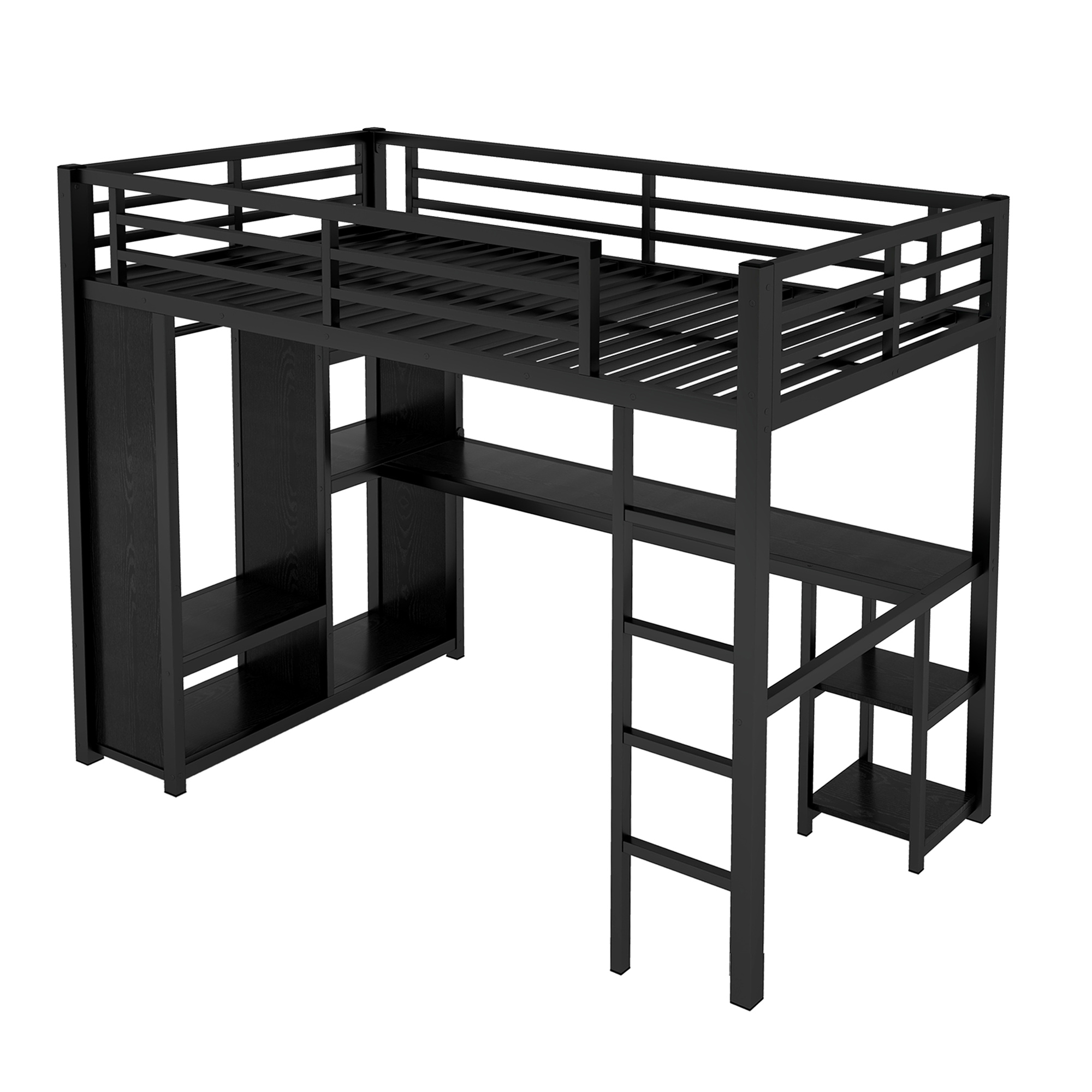 Twin XL Size Loft Bed Frame with Built-in Wardrobe, Metal Loft Bed with Desk and Storage Shelves, Black - Image 6