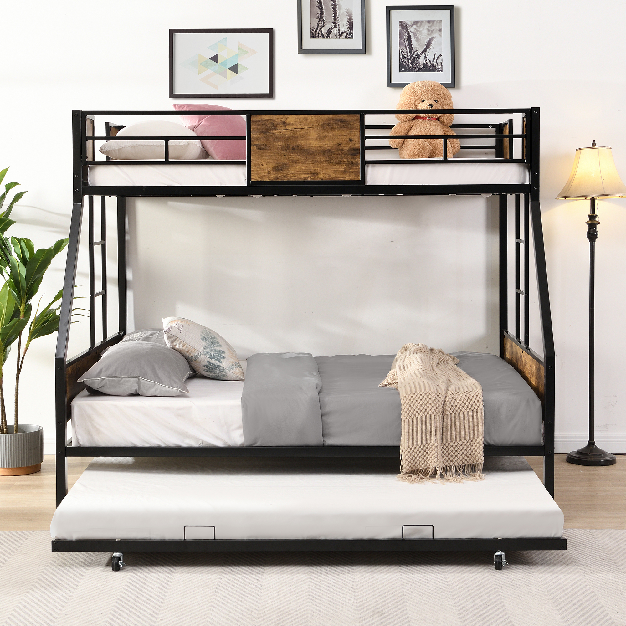 Twin Over FULL Metal Bunk Bed with Trundle 2 – Side Ladder and Full-Length Guardrail, No Box Spring Needed, Large Under Bed Storage, Easy Assemble , Black & Brown
