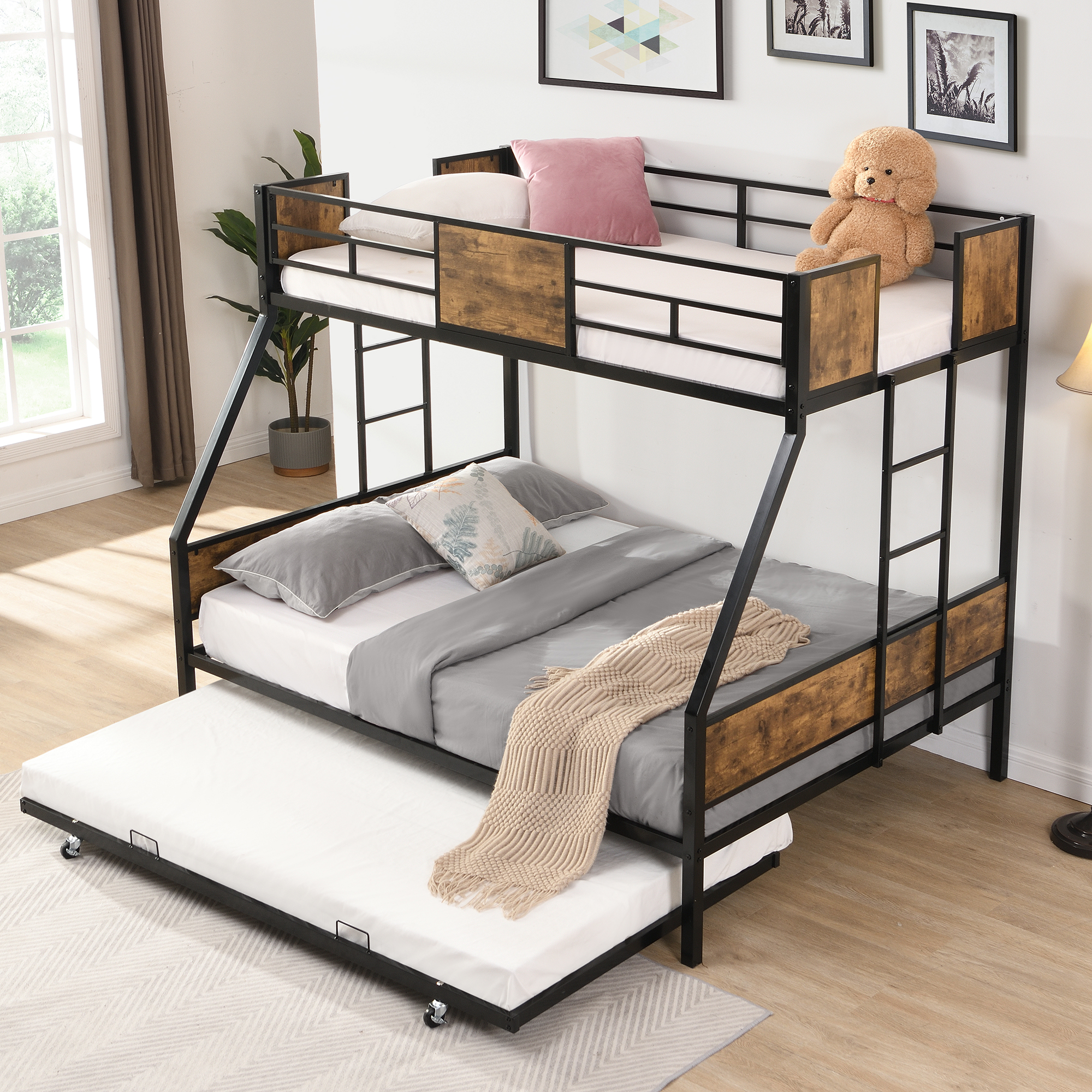 Twin Over FULL Metal Bunk Bed with Trundle 2 - Side Ladder and Full-Length Guardrail, No Box Spring Needed, Large Under Bed Storage, Easy Assemble , Black & Brown - Image 2