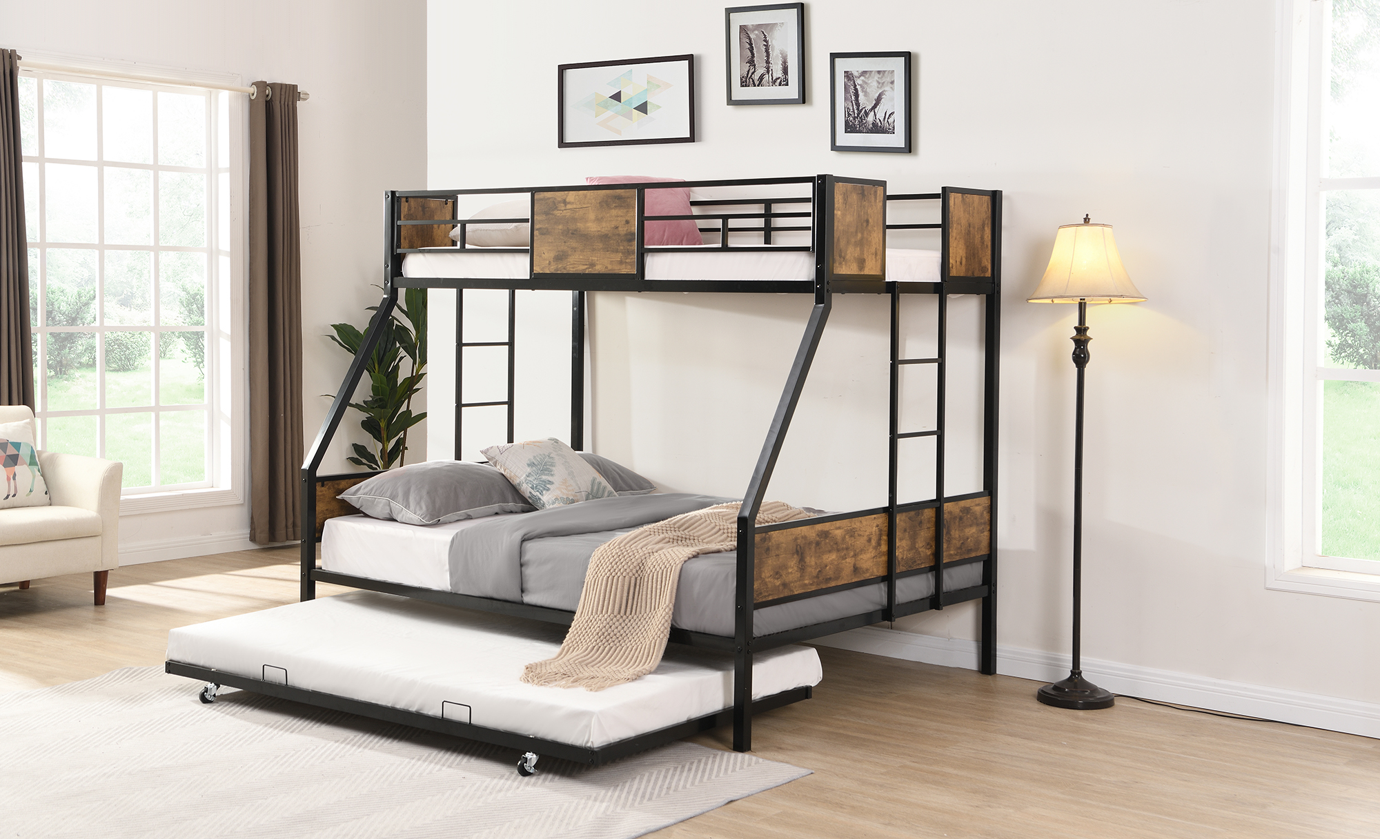 Twin Over FULL Metal Bunk Bed with Trundle 2 - Side Ladder and Full-Length Guardrail, No Box Spring Needed, Large Under Bed Storage, Easy Assemble , Black & Brown - Image 4