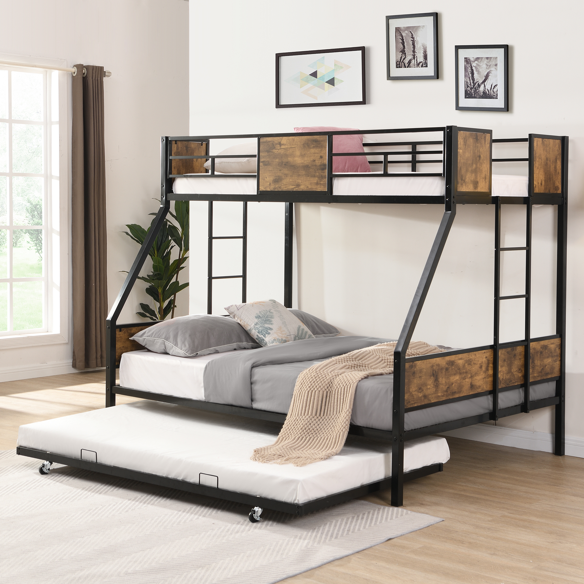 Twin Over FULL Metal Bunk Bed with Trundle 2 - Side Ladder and Full-Length Guardrail, No Box Spring Needed, Large Under Bed Storage, Easy Assemble , Black & Brown - Image 3