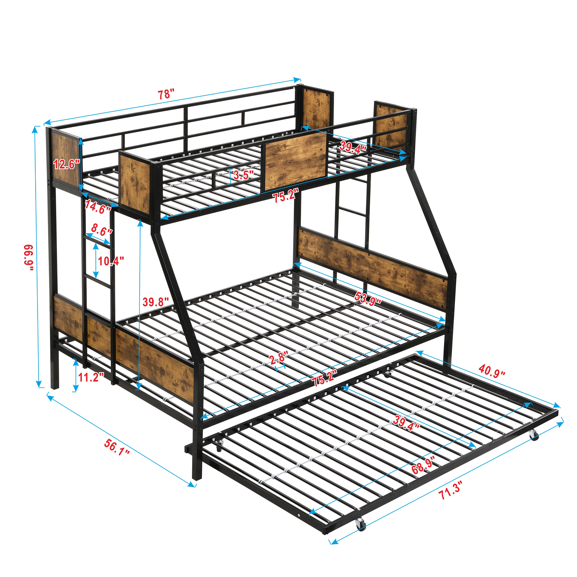 Twin Over FULL Metal Bunk Bed with Trundle 2 - Side Ladder and Full-Length Guardrail, No Box Spring Needed, Large Under Bed Storage, Easy Assemble , Black & Brown - Image 6