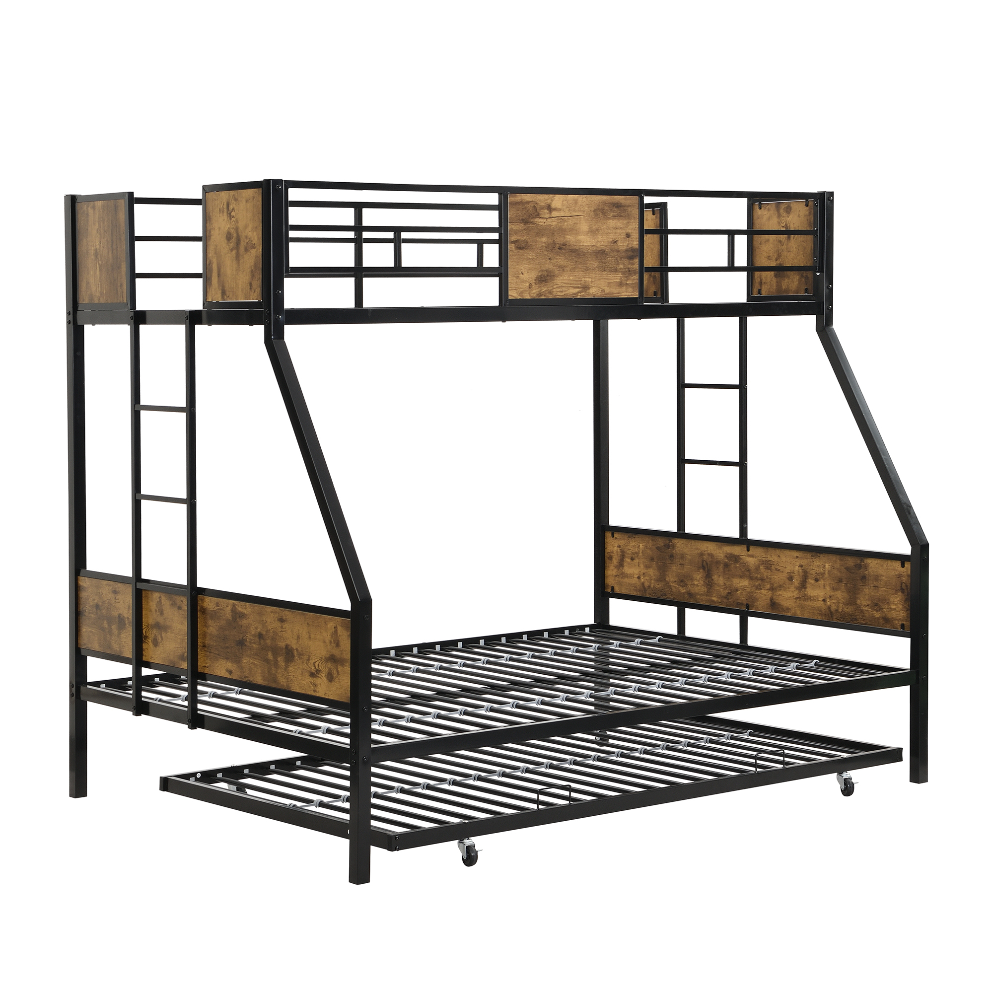 Twin Over FULL Metal Bunk Bed with Trundle 2 - Side Ladder and Full-Length Guardrail, No Box Spring Needed, Large Under Bed Storage, Easy Assemble , Black & Brown - Image 5