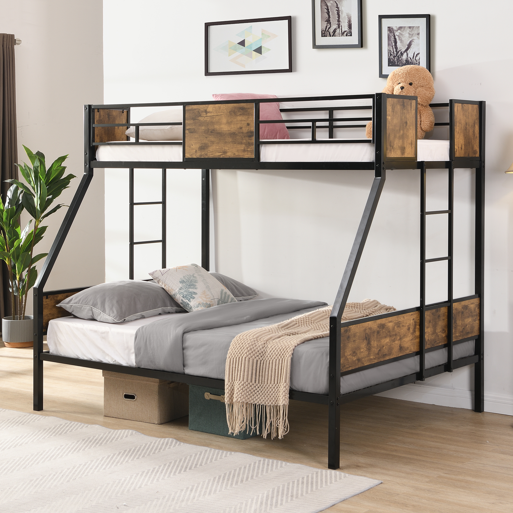 Twin Over FULL Metal Bunk Bed with 2 - Side Ladder and Full-Length Guardrail, No Box Spring Needed, Large Under Bed Storage, Easy Assemble , Black & Brown - Image 1