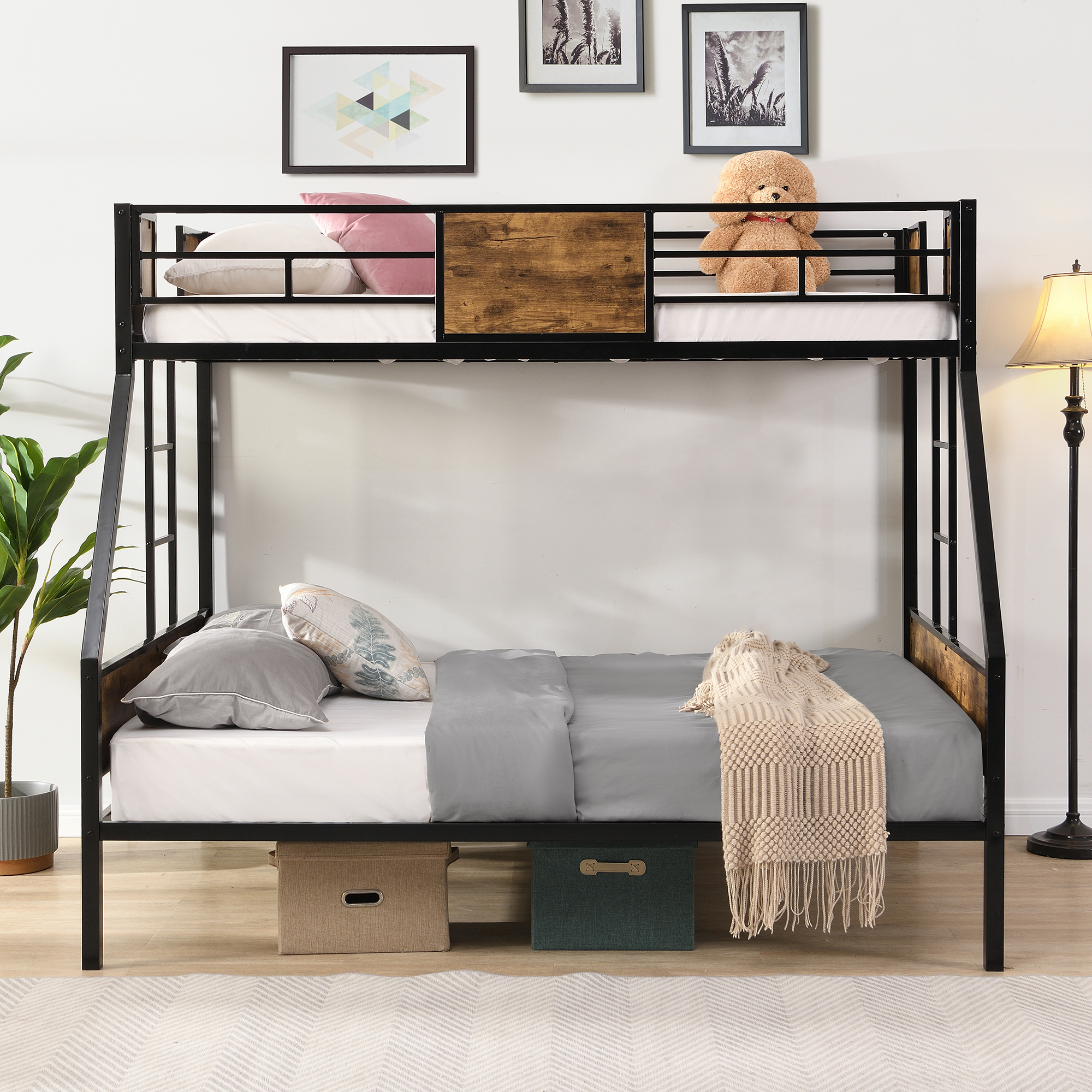 Twin Over FULL Metal Bunk Bed with 2 - Side Ladder and Full-Length Guardrail, No Box Spring Needed, Large Under Bed Storage, Easy Assemble , Black & Brown - Image 2