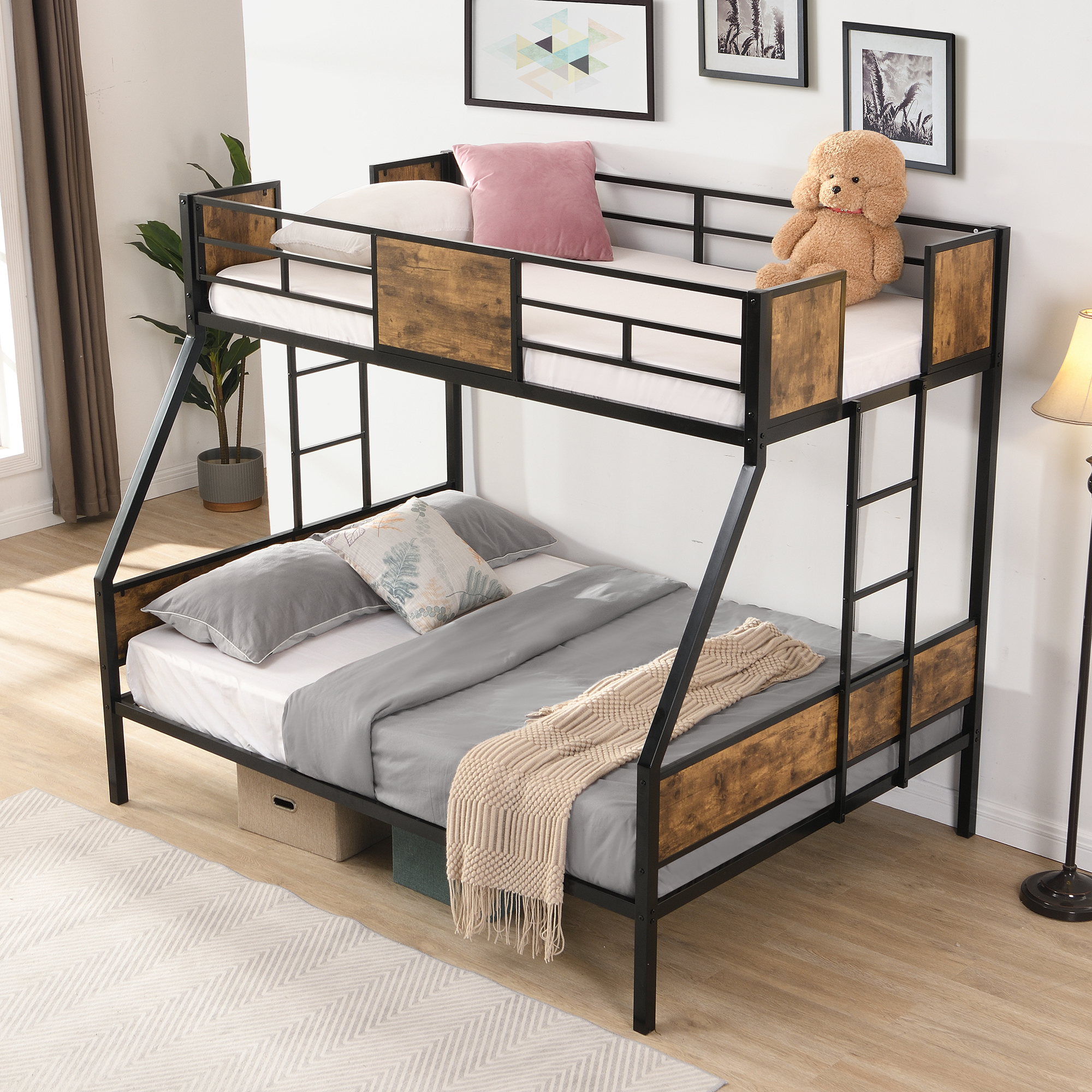 Twin Over FULL Metal Bunk Bed with 2 - Side Ladder and Full-Length Guardrail, No Box Spring Needed, Large Under Bed Storage, Easy Assemble , Black & Brown - Image 3