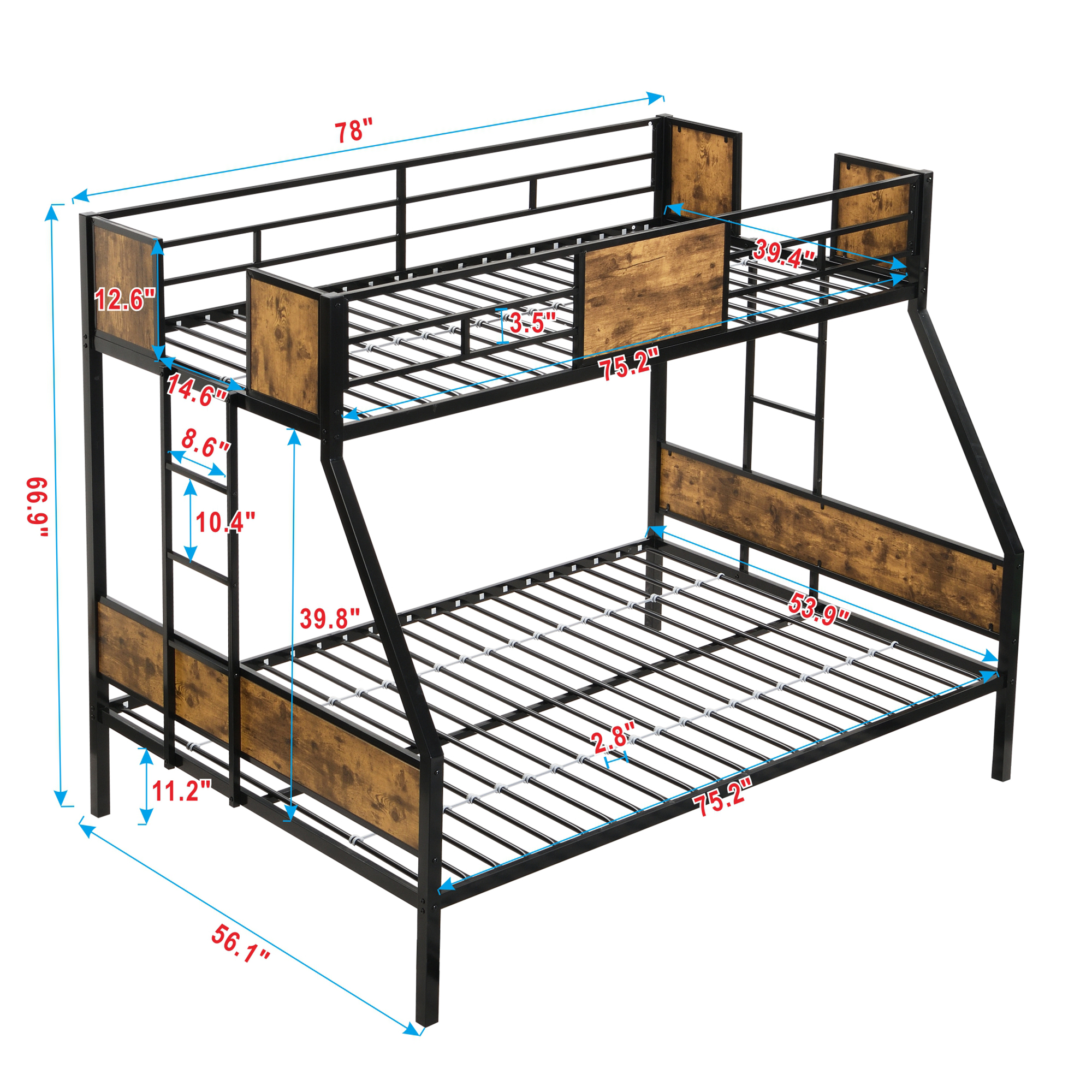 Twin Over FULL Metal Bunk Bed with 2 - Side Ladder and Full-Length Guardrail, No Box Spring Needed, Large Under Bed Storage, Easy Assemble , Black & Brown - Image 5