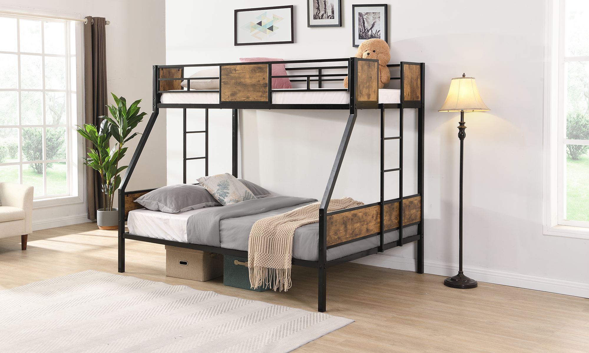 Twin Over FULL Metal Bunk Bed with 2 - Side Ladder and Full-Length Guardrail, No Box Spring Needed, Large Under Bed Storage, Easy Assemble , Black & Brown - Image 6
