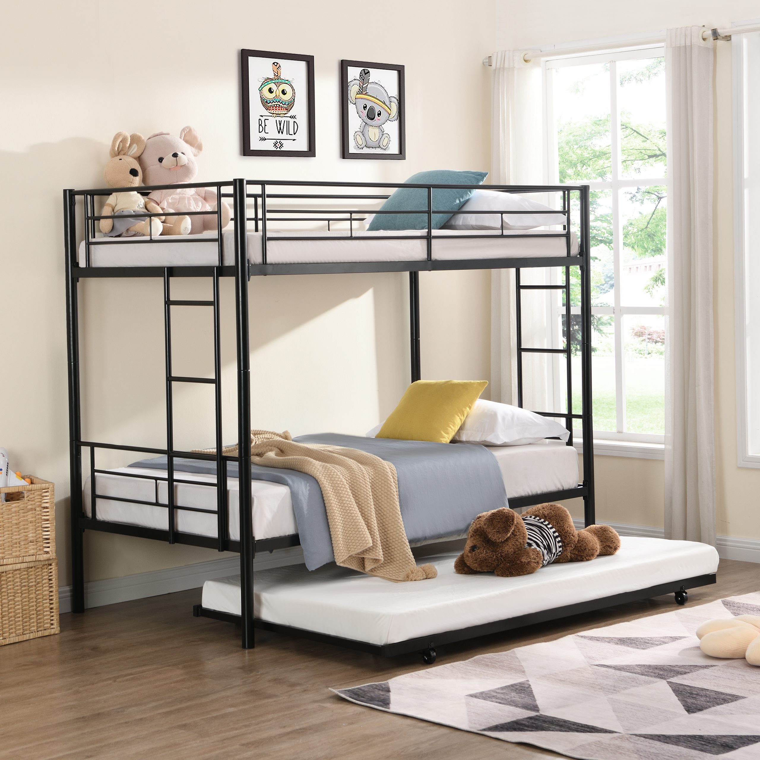 Twin Over Twin Metal Bunk Bed with trundle Black - Image 1