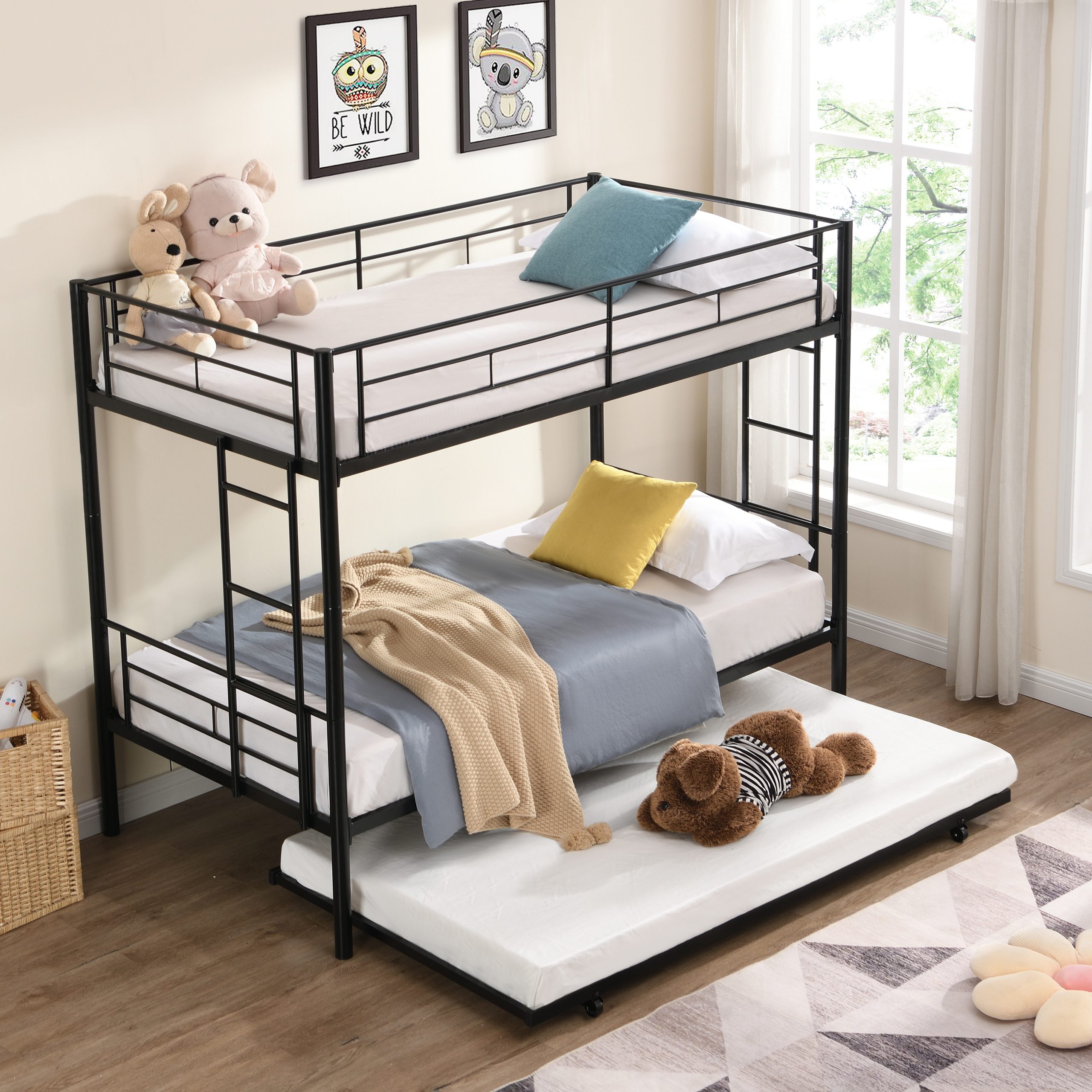 Twin Over Twin Metal Bunk Bed with trundle Black - Image 2