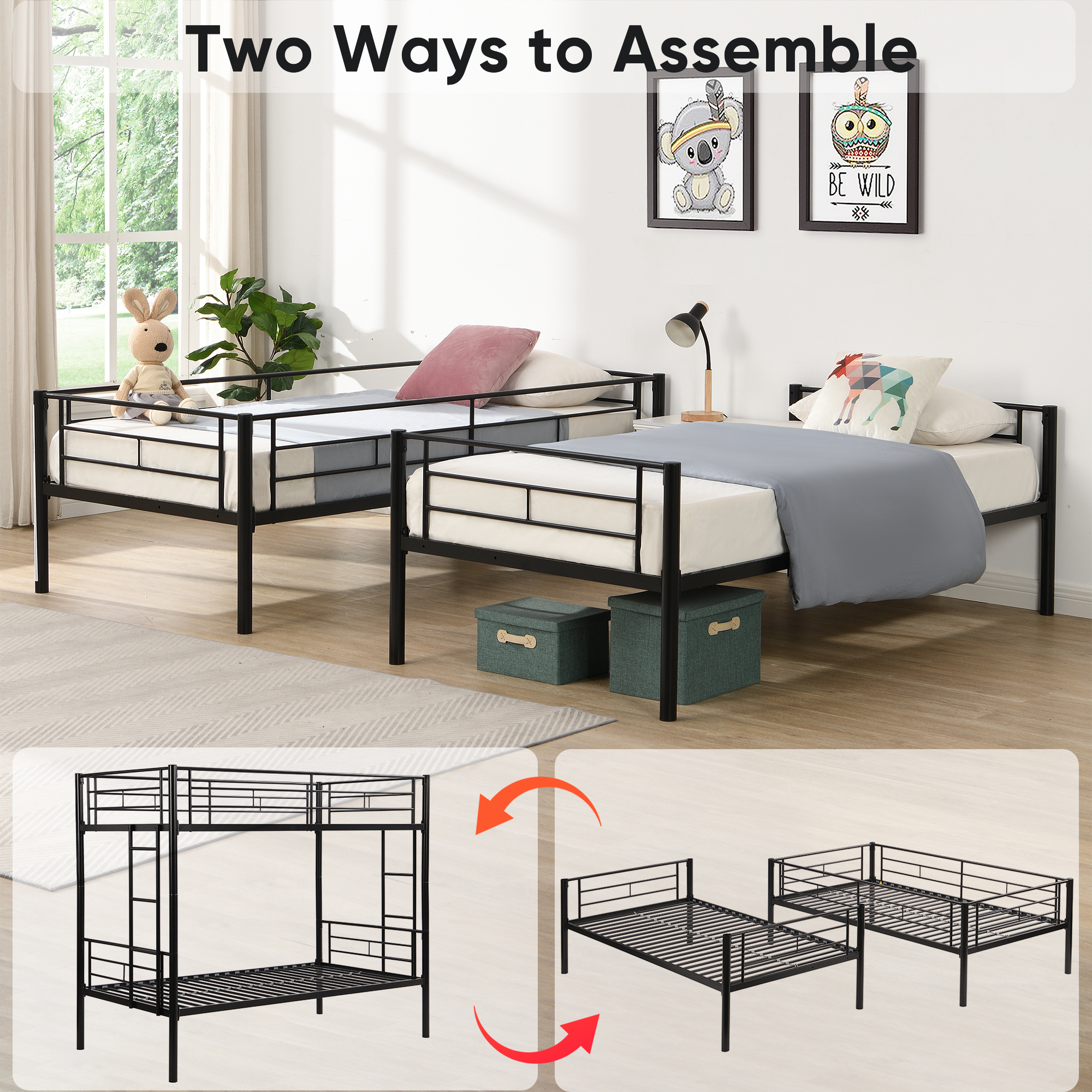 Twin Over Twin Metal Bunk Bed with trundle Black - Image 5