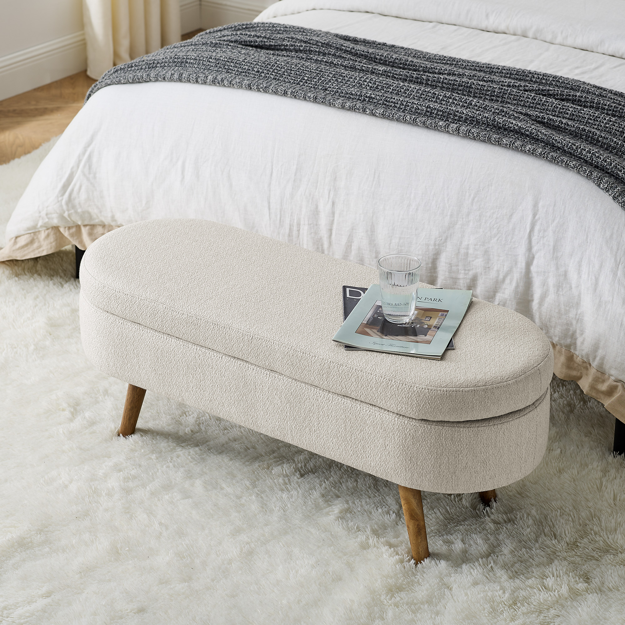 Ottoman Oval Storage Bench,Rubber Wood Legs, Beige(43.5"x16"x16") - Image 2