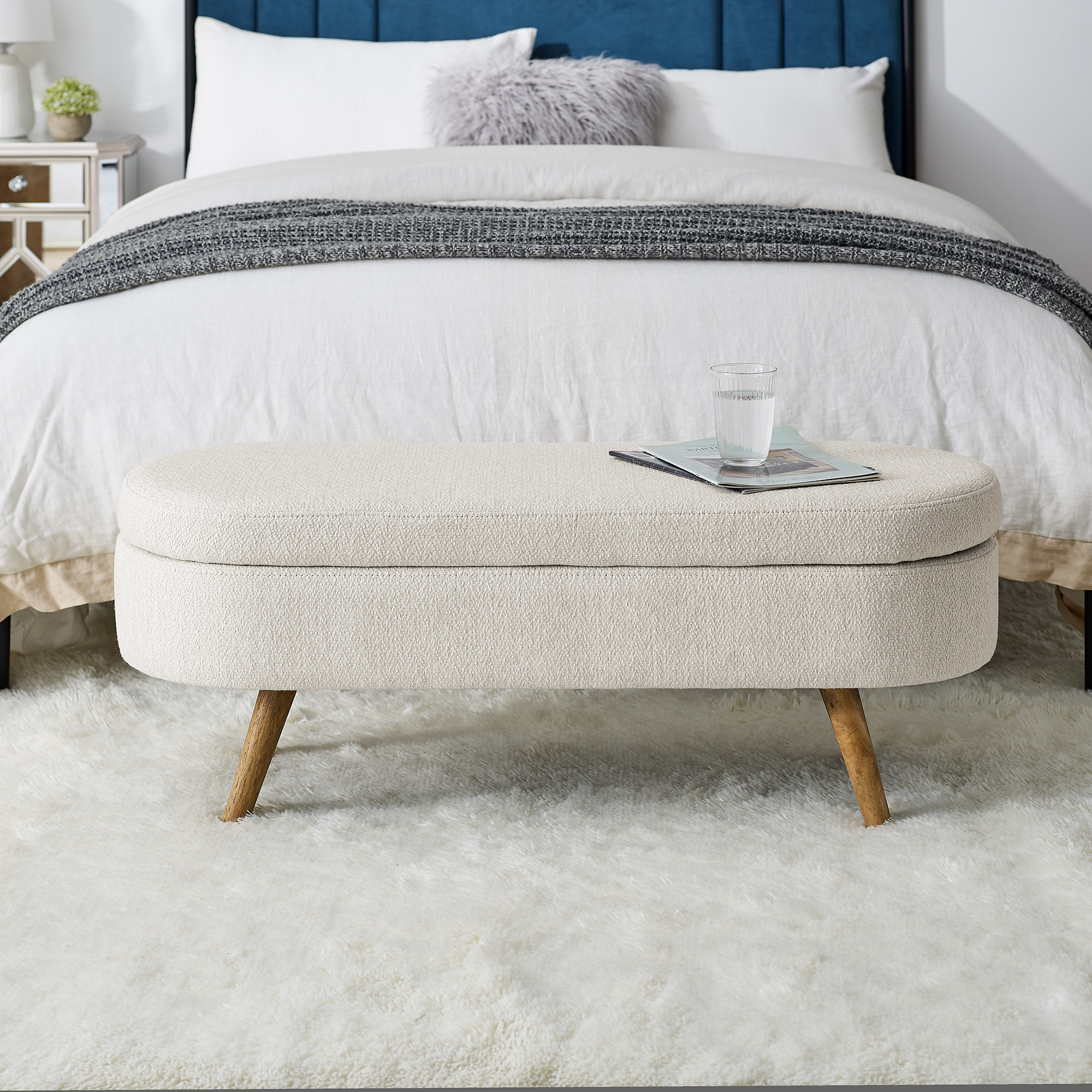 Ottoman Oval Storage Bench,Rubber Wood Legs, Beige(43.5"x16"x16") - Image 3