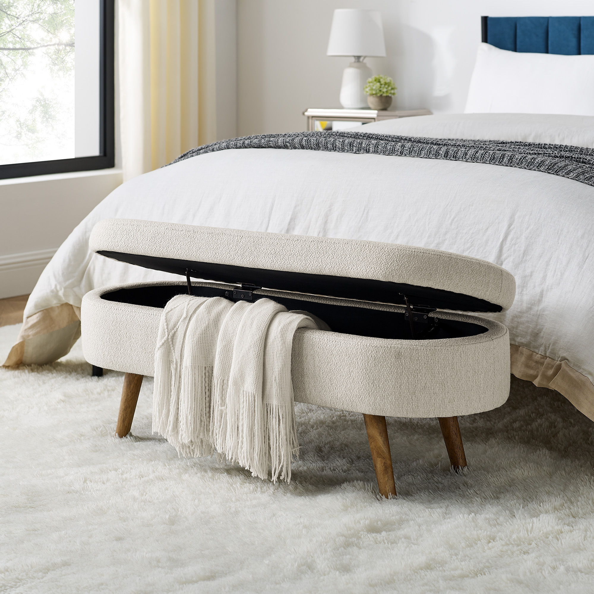 Ottoman Oval Storage Bench,Rubber Wood Legs, Beige(43.5"x16"x16") - Image 4