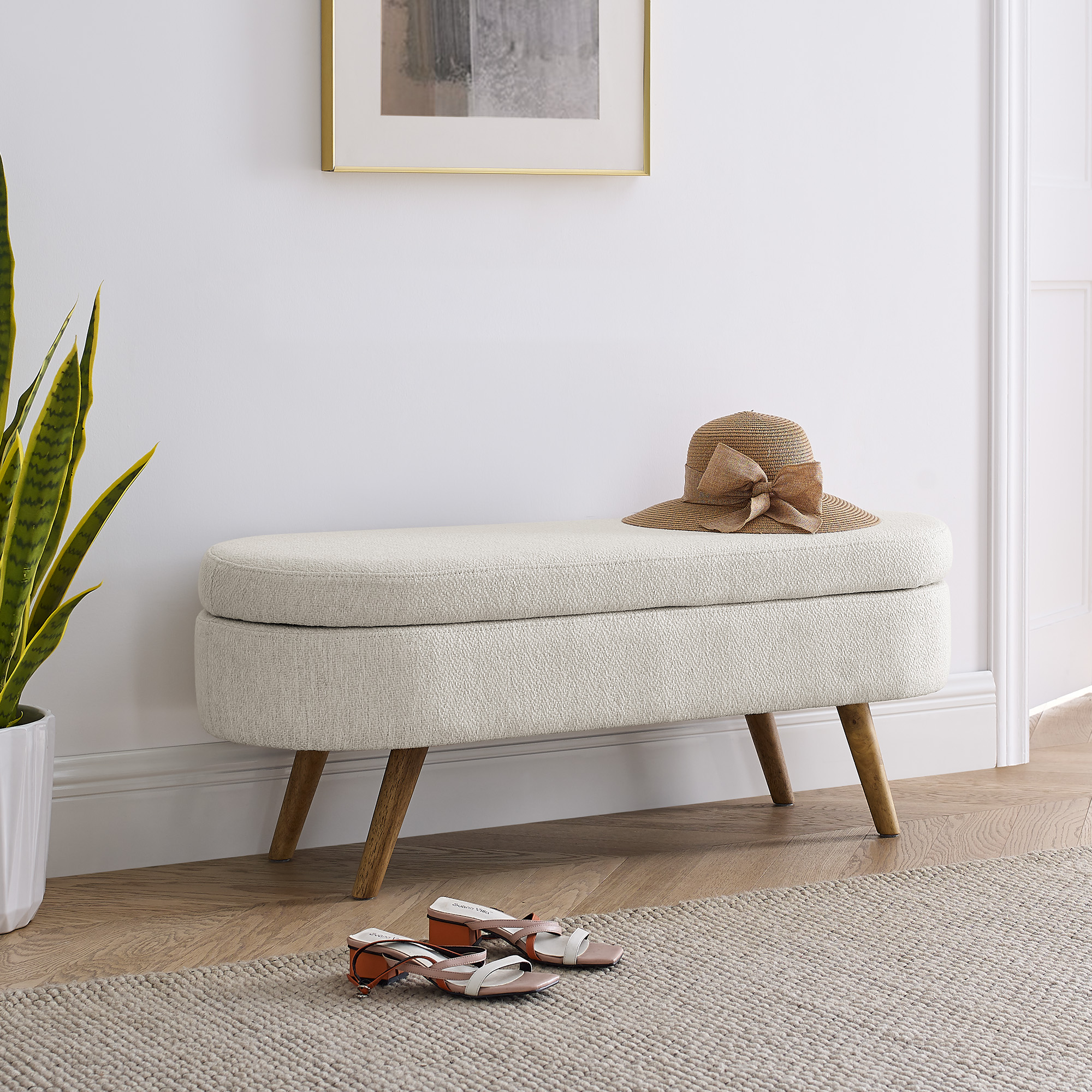 Ottoman Oval Storage Bench,Rubber Wood Legs, Beige(43.5"x16"x16") - Image 5