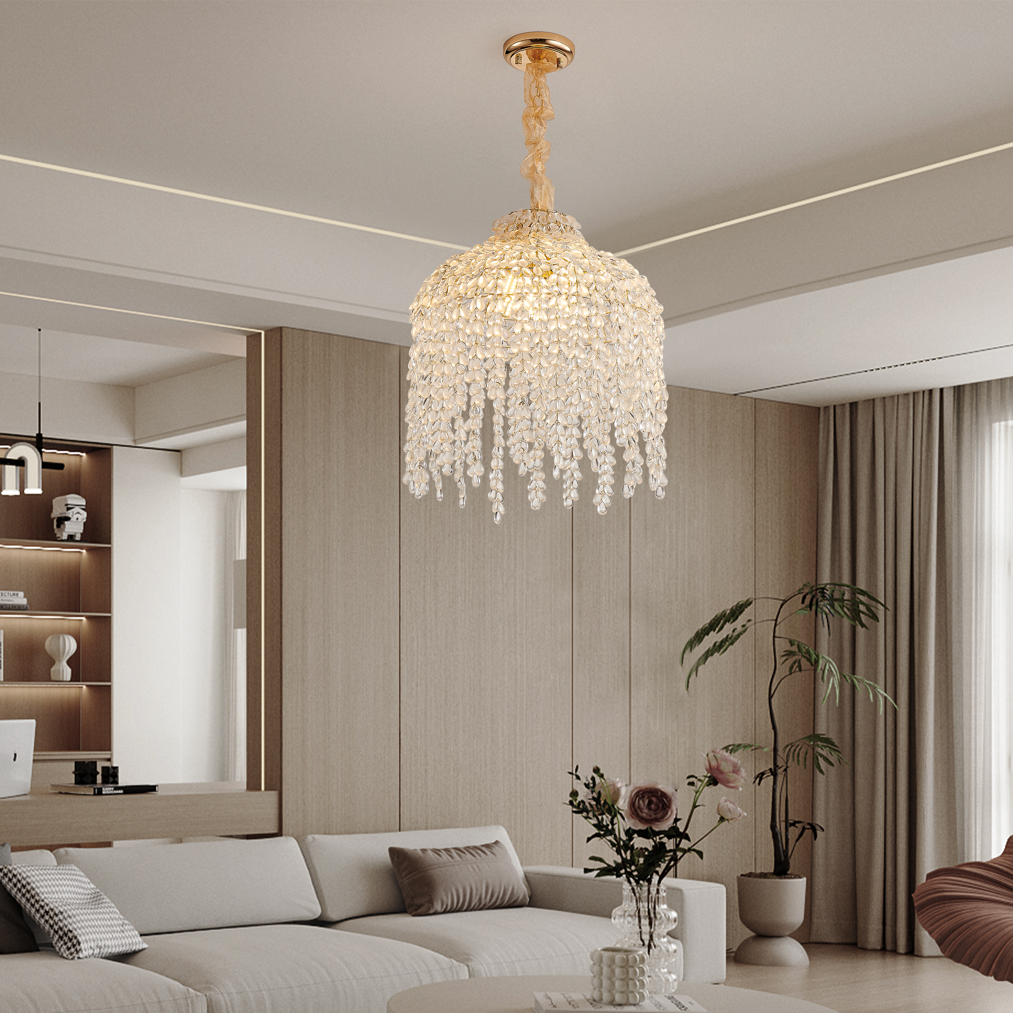 16 Inch 5-Light Crystal Pendant Light Chandelier– Elegant Waterfall Design with Grape-Shaped Crystal Bead Strings and Gold Finish for Living Room, Bedroom, or Dining Area (Bulb Not Included) - Image 2