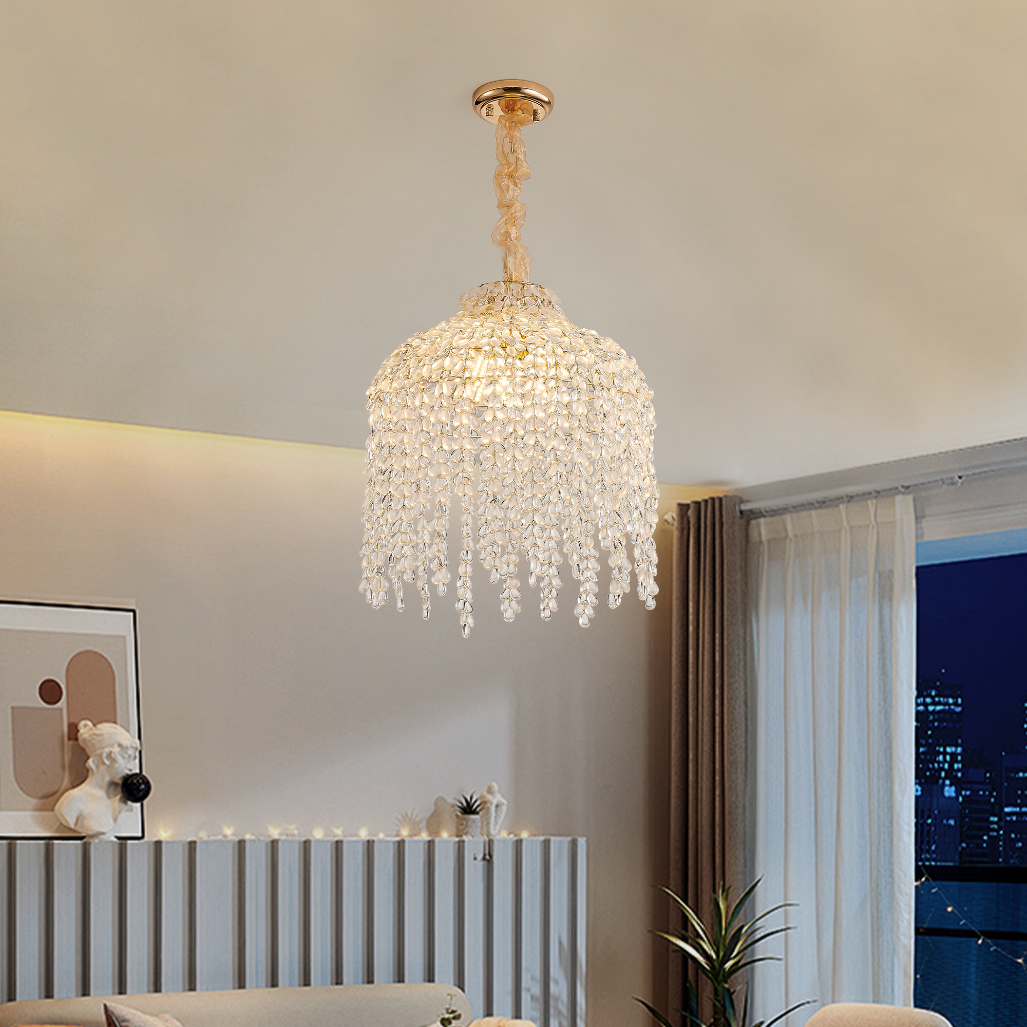 16 Inch 5-Light Crystal Pendant Light Chandelier– Elegant Waterfall Design with Grape-Shaped Crystal Bead Strings and Gold Finish for Living Room, Bedroom, or Dining Area (Bulb Not Included) - Image 3
