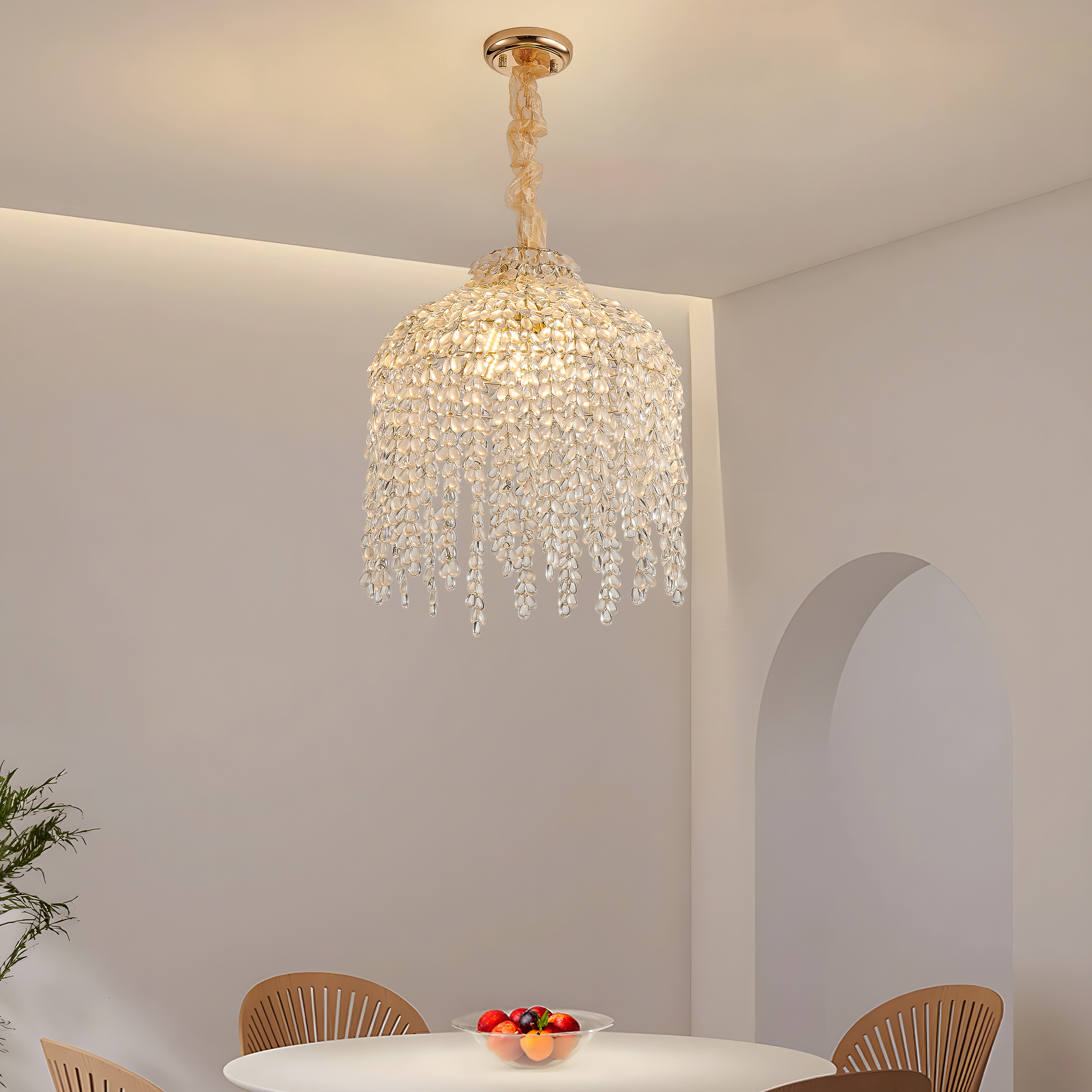 16 Inch 5-Light Crystal Pendant Light Chandelier– Elegant Waterfall Design with Grape-Shaped Crystal Bead Strings and Gold Finish for Living Room, Bedroom, or Dining Area (Bulb Not Included) - Image 4