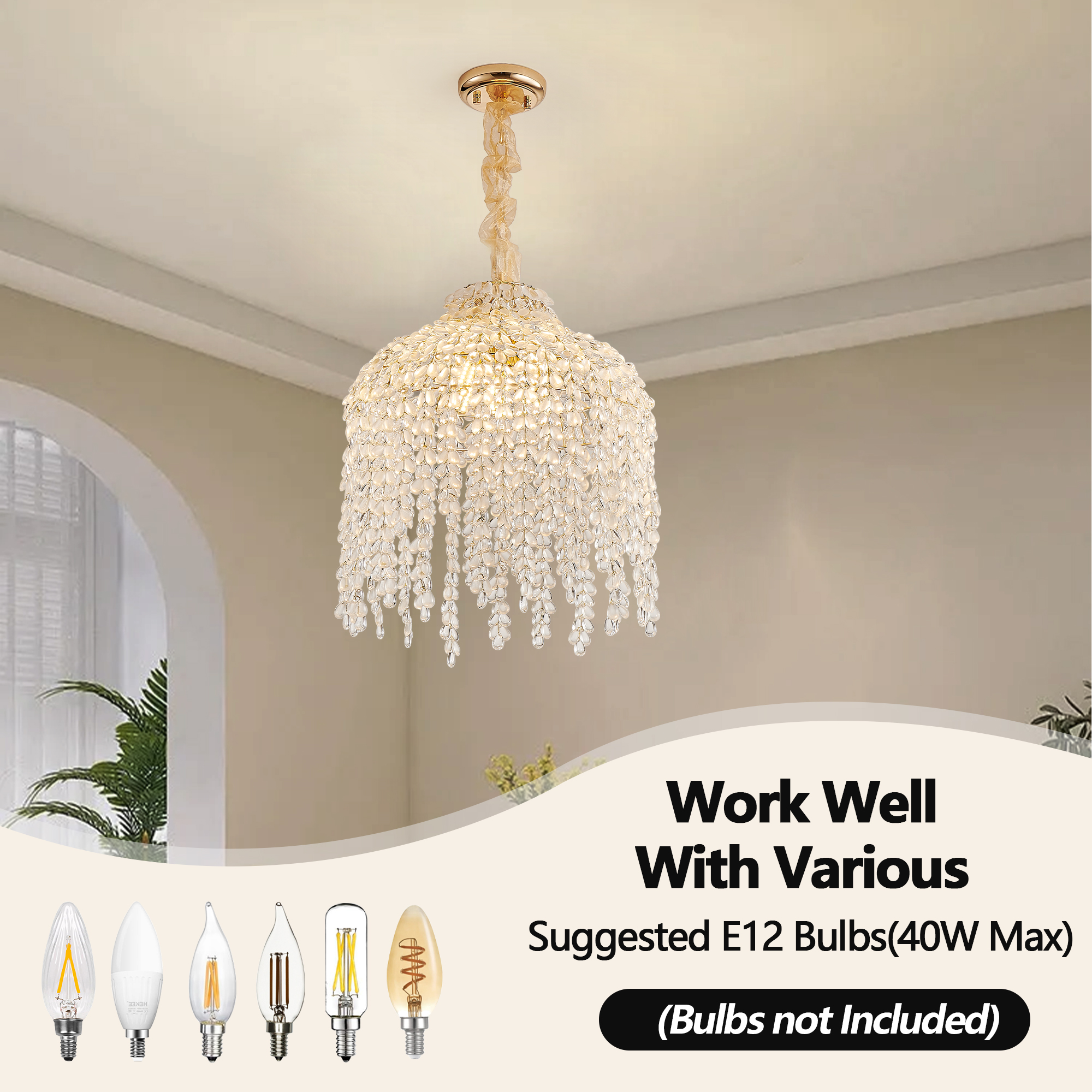 16 Inch 5-Light Crystal Pendant Light Chandelier– Elegant Waterfall Design with Grape-Shaped Crystal Bead Strings and Gold Finish for Living Room, Bedroom, or Dining Area (Bulb Not Included) - Image 5
