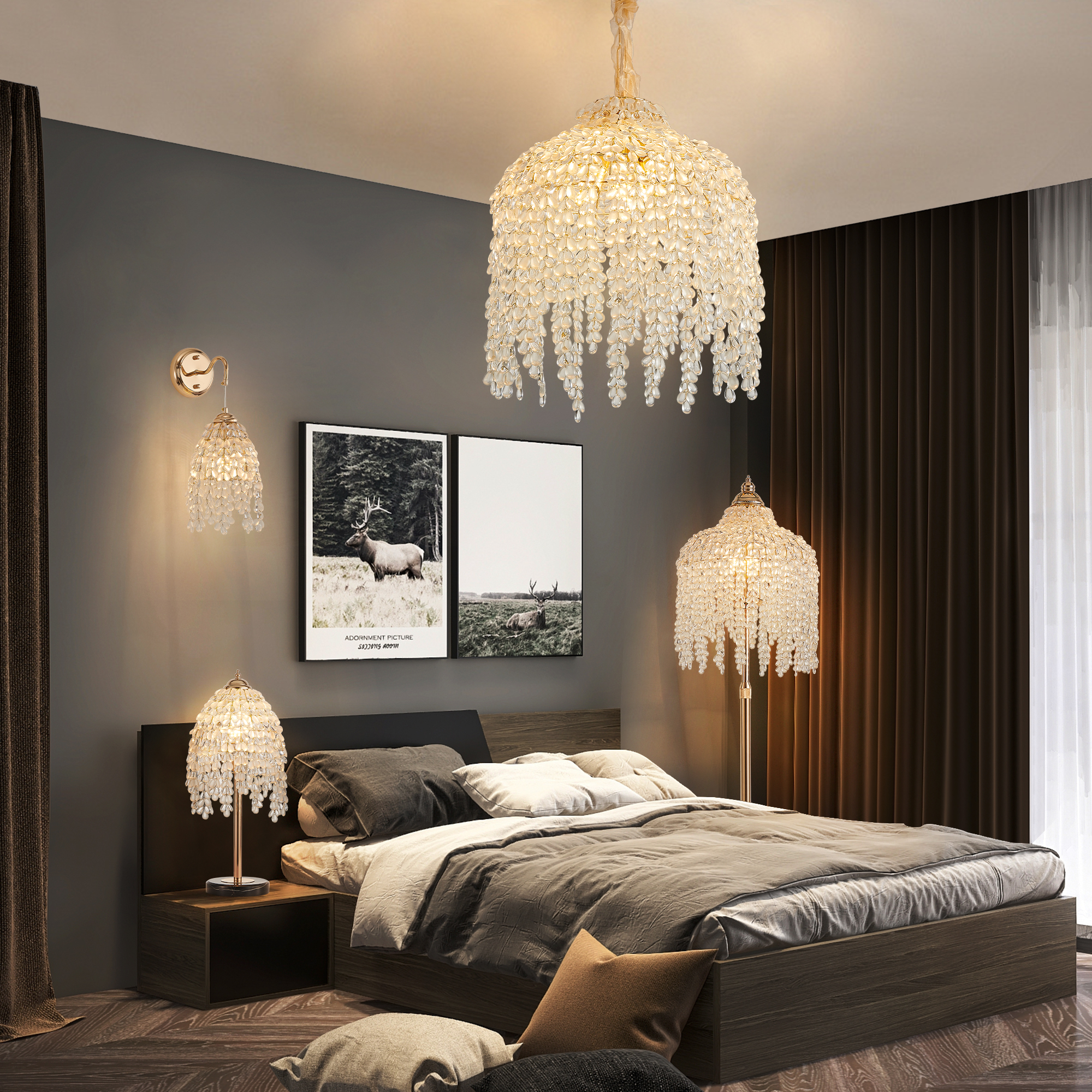 16 Inch 5-Light Crystal Pendant Light Chandelier– Elegant Waterfall Design with Grape-Shaped Crystal Bead Strings and Gold Finish for Living Room, Bedroom, or Dining Area (Bulb Not Included) - Image 6