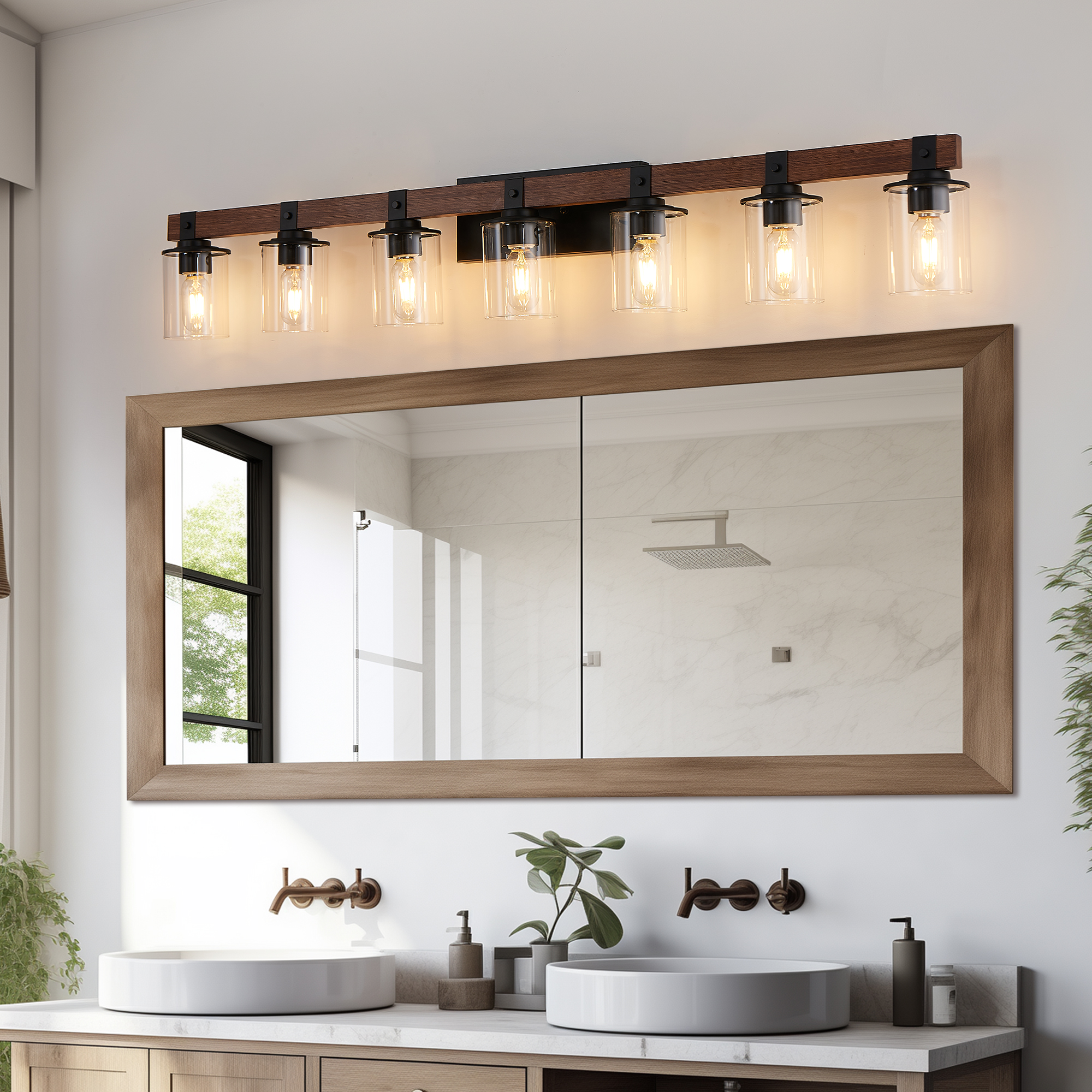 50" Rustic 7-Light Vanity Light, Industrial Bathroom Wall Sconce with Glass Shades and Wood Accent, Modern Farmhouse Lighting Fixture (No Bulbs) - Image 2