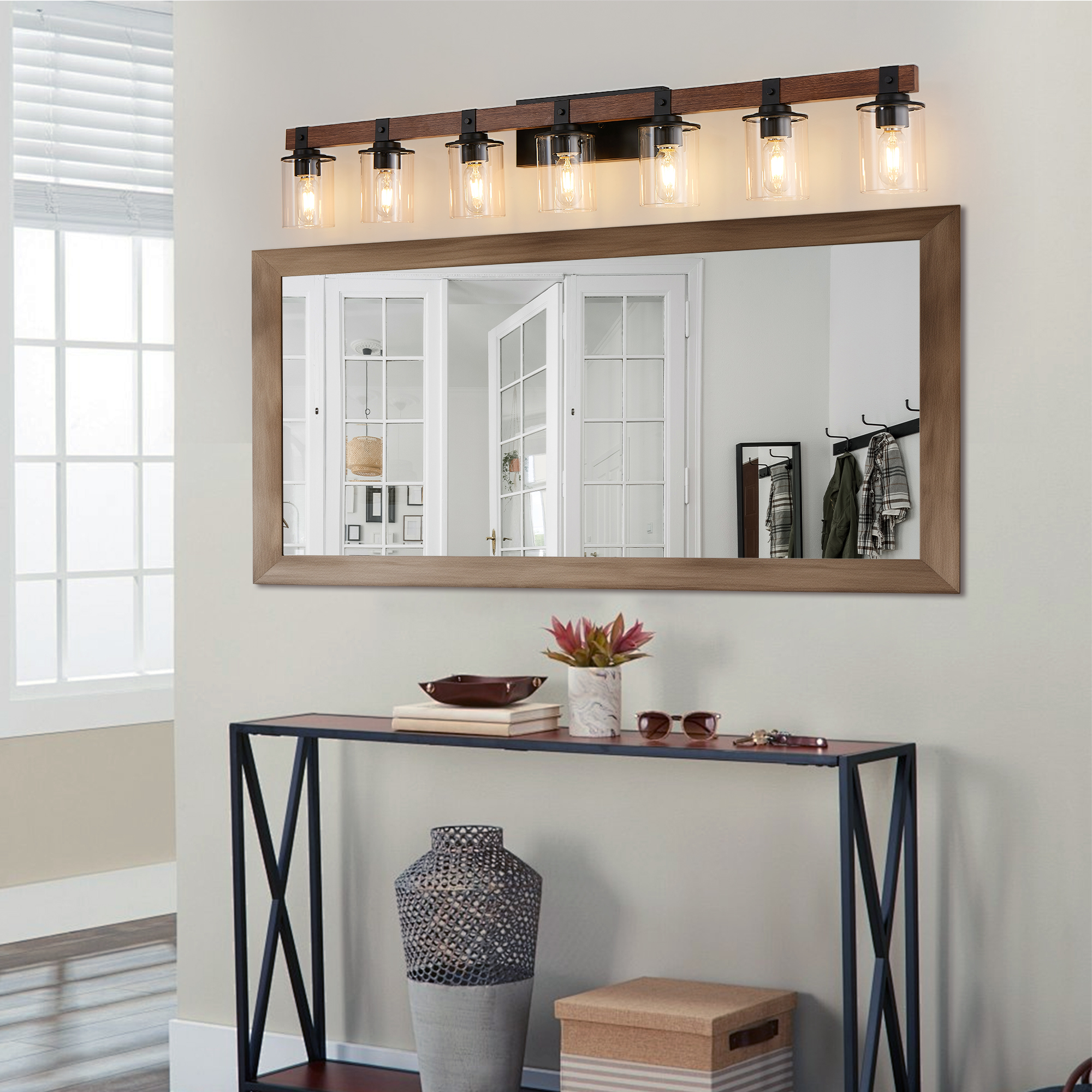 50" Rustic 7-Light Vanity Light, Industrial Bathroom Wall Sconce with Glass Shades and Wood Accent, Modern Farmhouse Lighting Fixture (No Bulbs) - Image 3