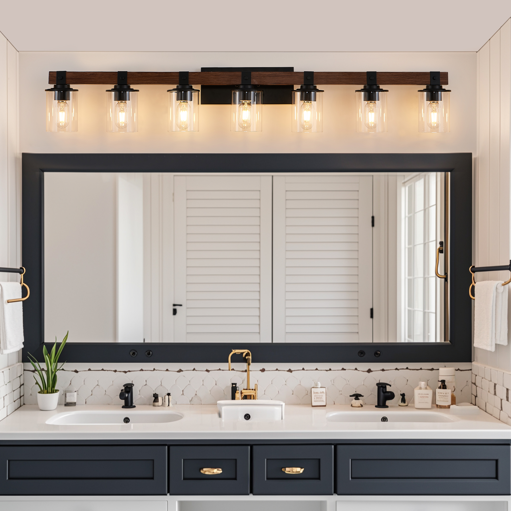 50" Rustic 7-Light Vanity Light, Industrial Bathroom Wall Sconce with Glass Shades and Wood Accent, Modern Farmhouse Lighting Fixture (No Bulbs) - Image 4