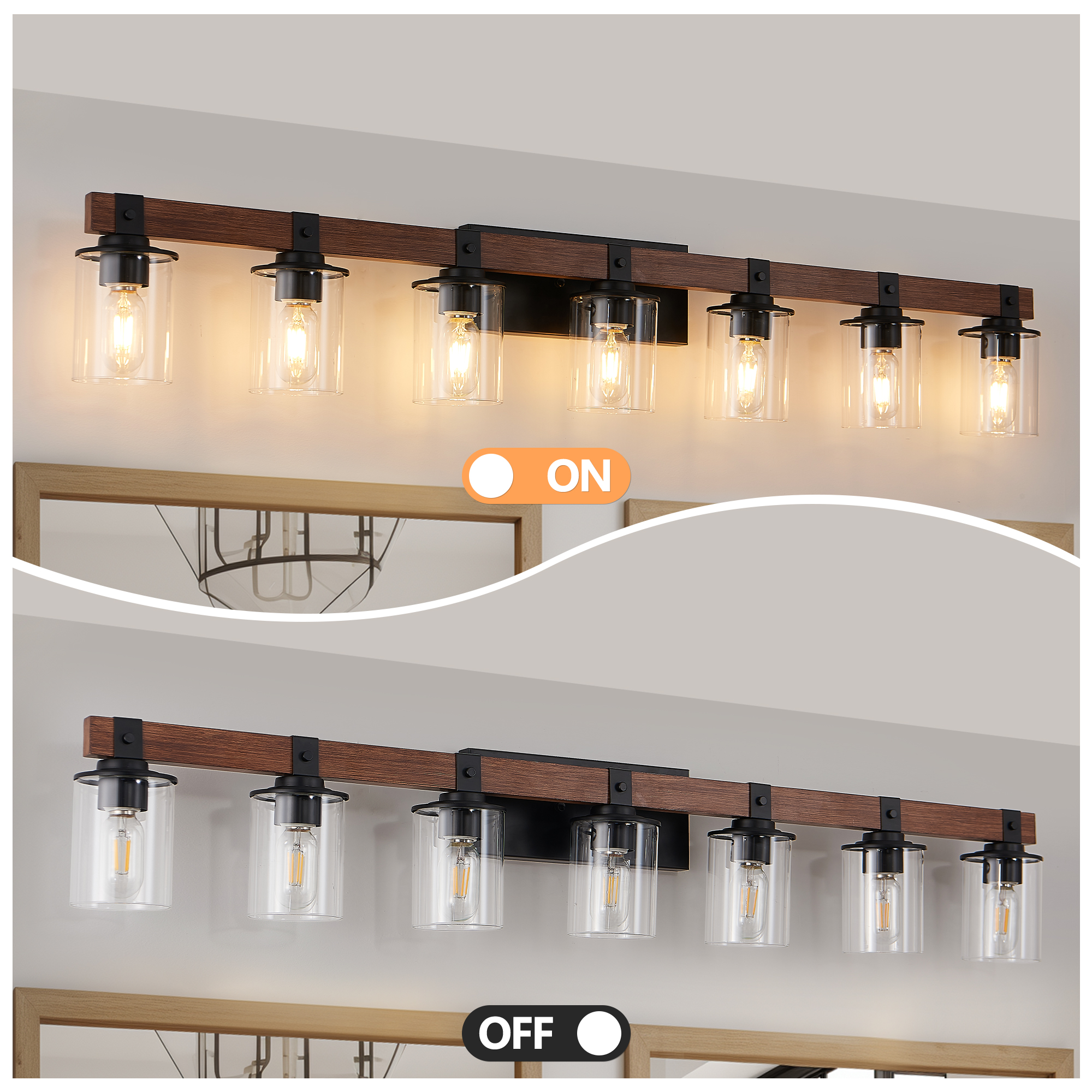50" Rustic 7-Light Vanity Light, Industrial Bathroom Wall Sconce with Glass Shades and Wood Accent, Modern Farmhouse Lighting Fixture (No Bulbs) - Image 5