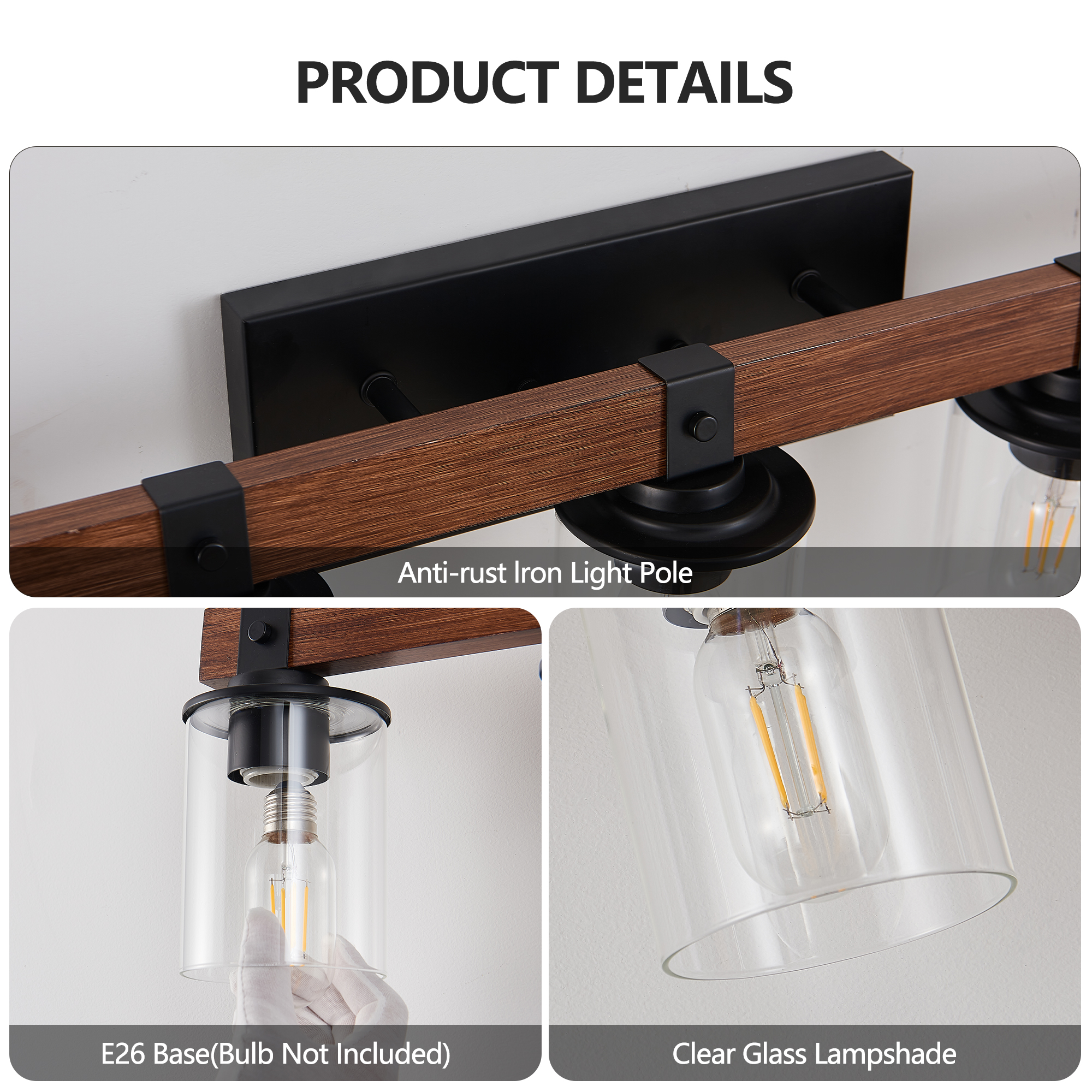 50" Rustic 7-Light Vanity Light, Industrial Bathroom Wall Sconce with Glass Shades and Wood Accent, Modern Farmhouse Lighting Fixture (No Bulbs) - Image 6