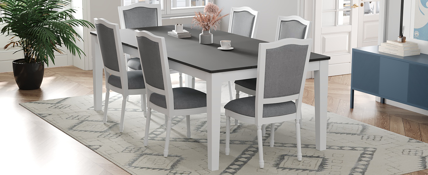 TOPMAX Rustic 7-Piece 78.1inch Extendable Dining Table Set with 18inch Removable Leaf, 6 Upholstered Dining Chairs, 2 Built-in Drawers, Dark Gray+White - Image 3