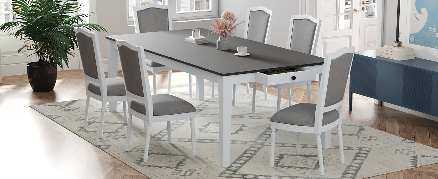 TOPMAX Rustic 7-Piece 78.1inch Extendable Dining Table Set with 18inch Removable Leaf, 6 Upholstered Dining Chairs, 2 Built-in Drawers, Dark Gray+White - Image 4