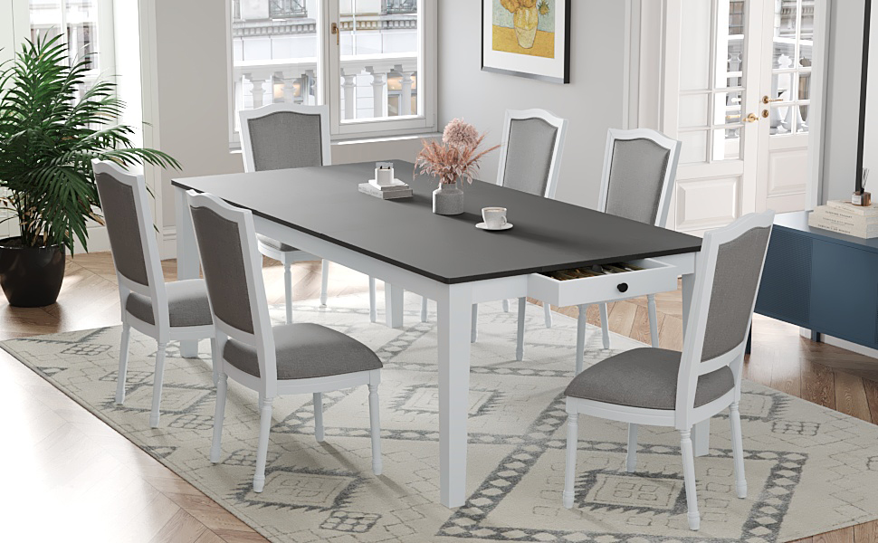 TOPMAX Rustic 7-Piece 78.1inch Extendable Dining Table Set with 18inch Removable Leaf, 6 Upholstered Dining Chairs, 2 Built-in Drawers, Dark Gray+White - Image 6