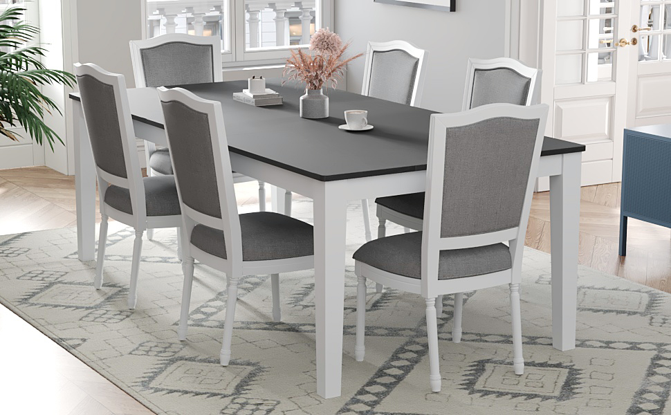 TOPMAX Rustic 7-Piece 78.1inch Extendable Dining Table Set with 18inch Removable Leaf, 6 Upholstered Dining Chairs, 2 Built-in Drawers, Dark Gray+White - Image 5