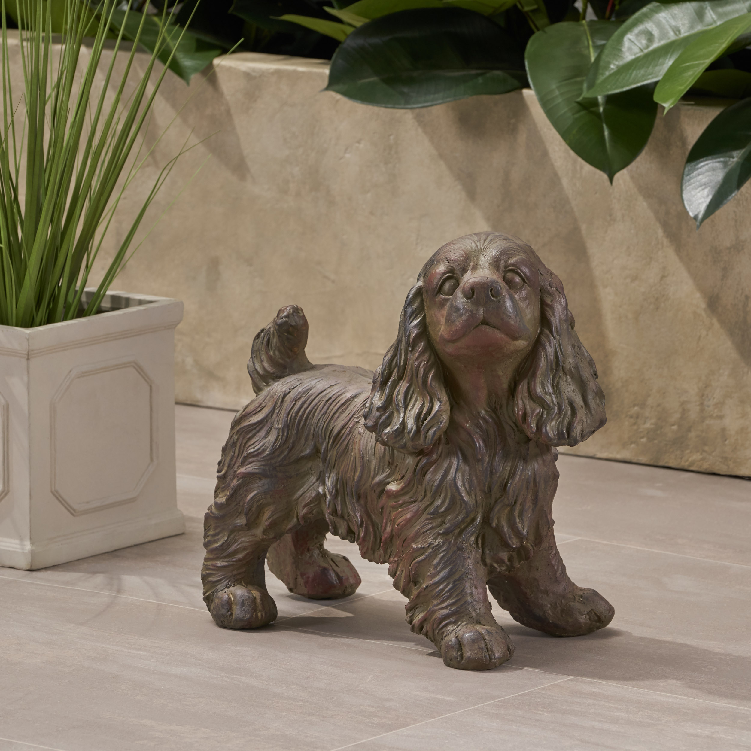 JOSIE DOG CAST SONE GARDEN STATUE, Outdoor Cocker Spaniel Dog Garden Statue, Brown Finish, No Assembly Required - Image 2