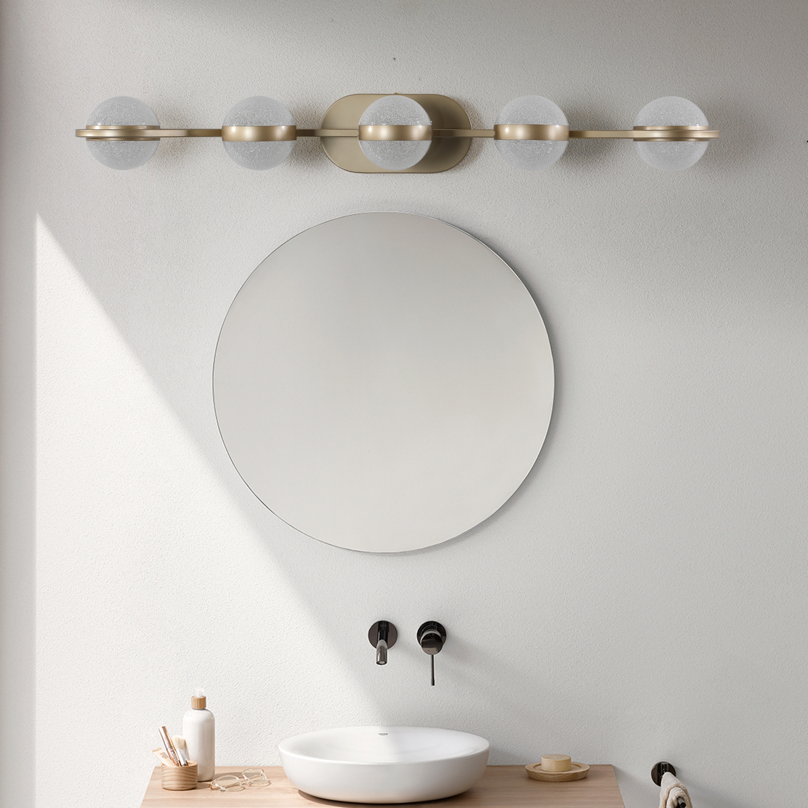 35" Modern Minimalist Bathroom Vanity Light, LED 5 Bulb Crystal Sand Acrylic Shades, Wall Mounted Decorative Lighting Fixture, Suitable for Bathroom Vanity Mirror (Champagne Gold) - Image 2