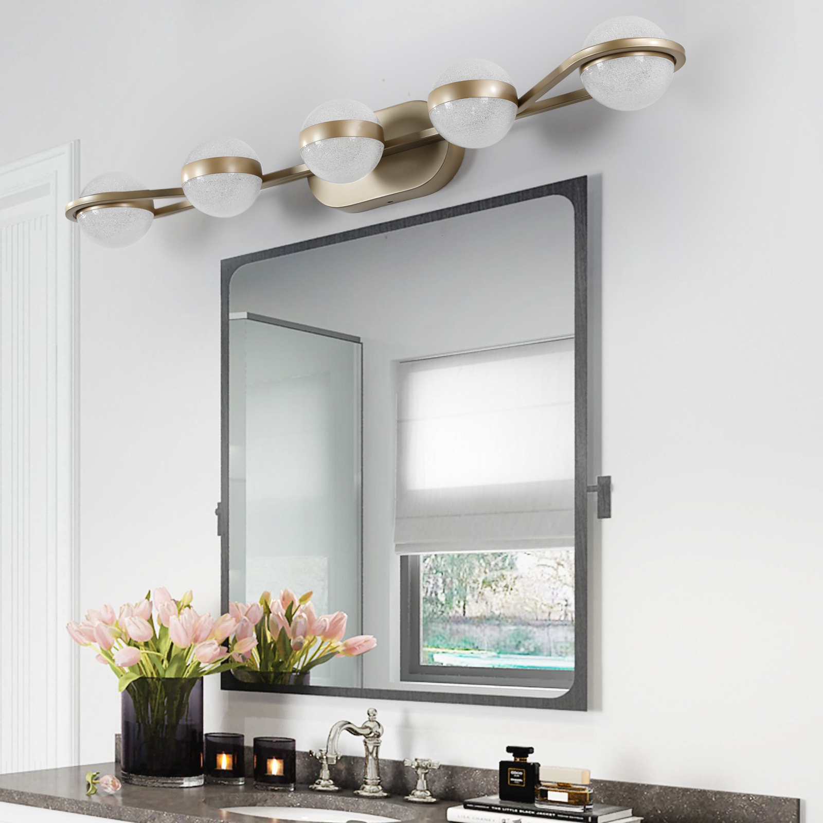35" Modern Minimalist Bathroom Vanity Light, LED 5 Bulb Crystal Sand Acrylic Shades, Wall Mounted Decorative Lighting Fixture, Suitable for Bathroom Vanity Mirror (Champagne Gold) - Image 3