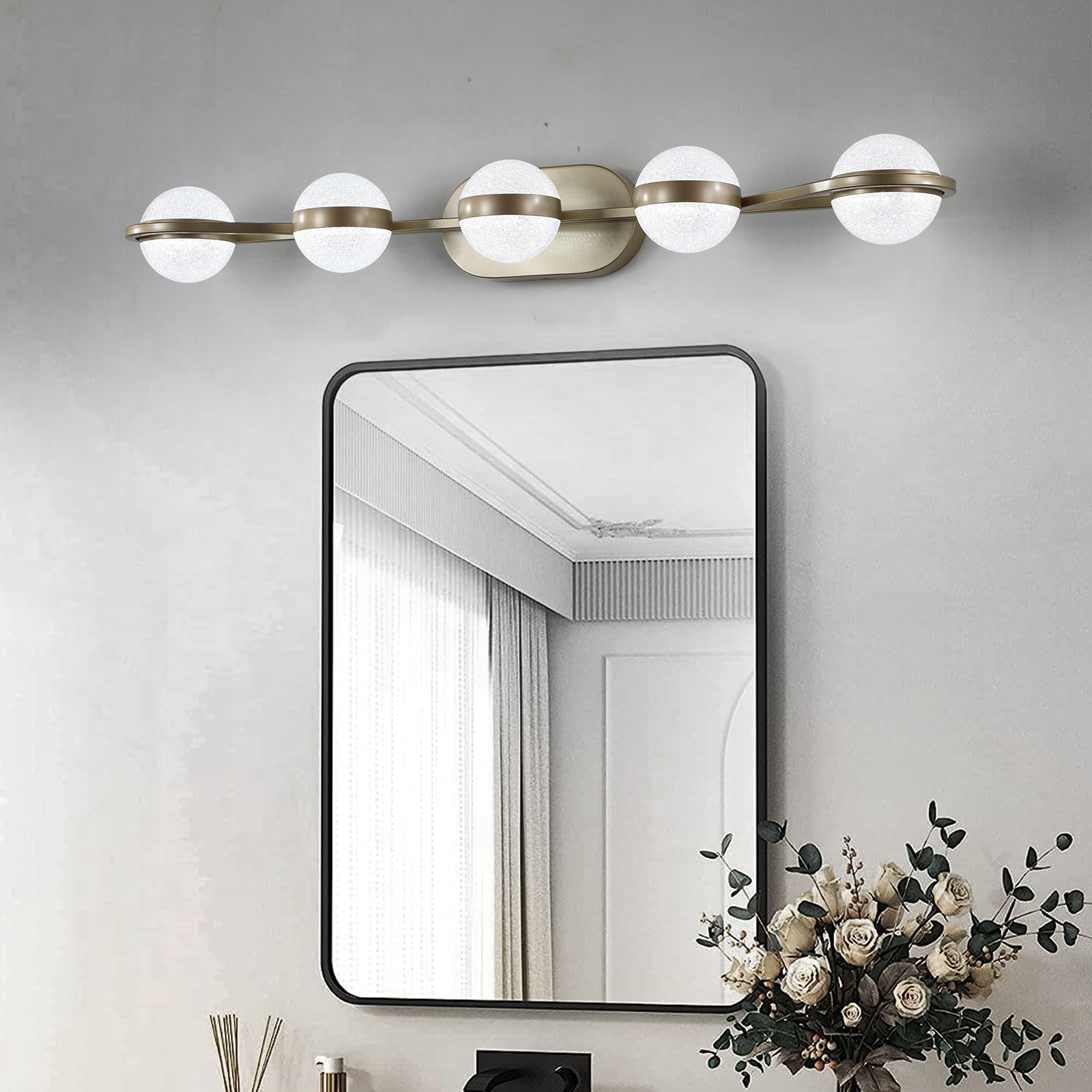 35" Modern Minimalist Bathroom Vanity Light, LED 5 Bulb Crystal Sand Acrylic Shades, Wall Mounted Decorative Lighting Fixture, Suitable for Bathroom Vanity Mirror (Champagne Gold) - Image 4