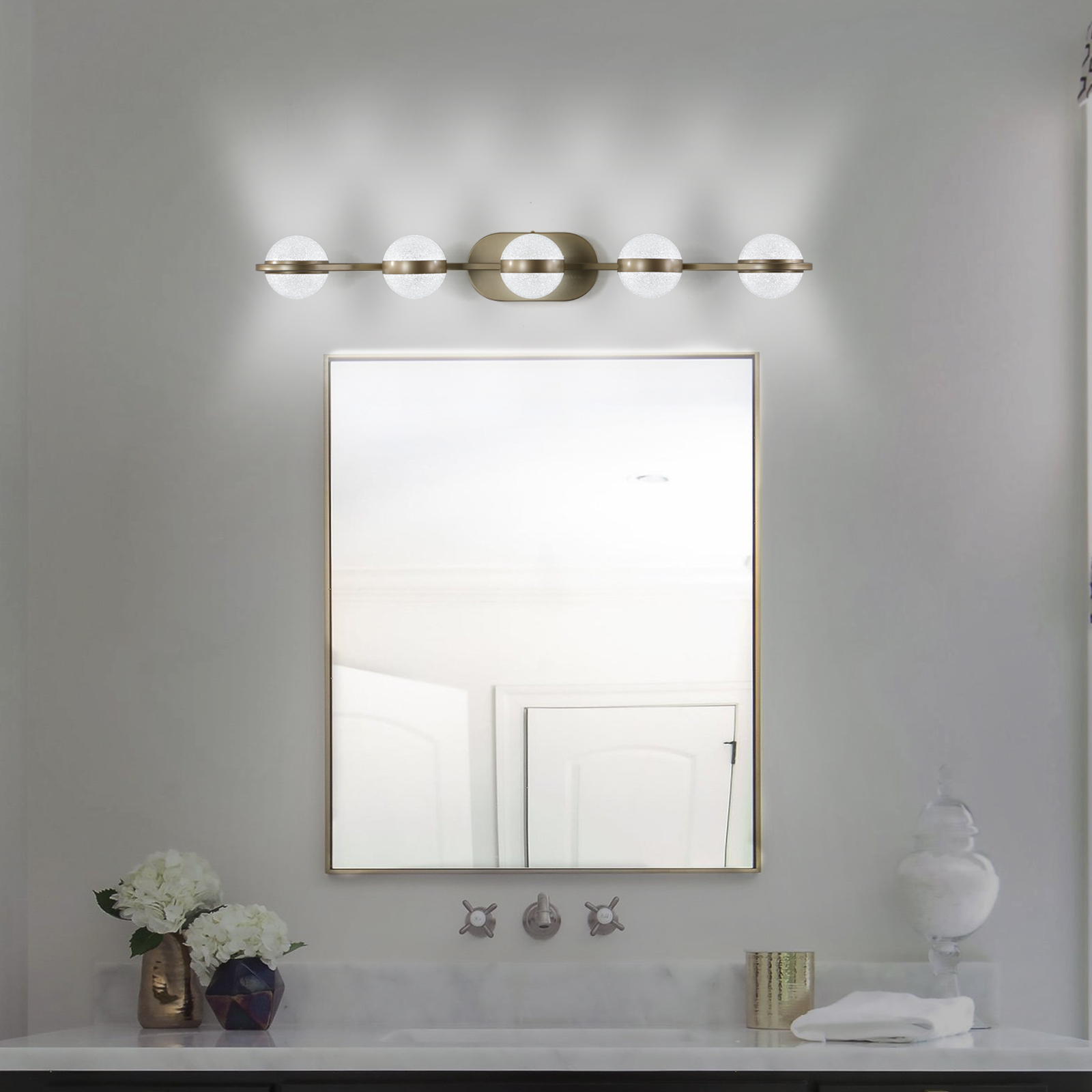 35" Modern Minimalist Bathroom Vanity Light, LED 5 Bulb Crystal Sand Acrylic Shades, Wall Mounted Decorative Lighting Fixture, Suitable for Bathroom Vanity Mirror (Champagne Gold) - Image 5